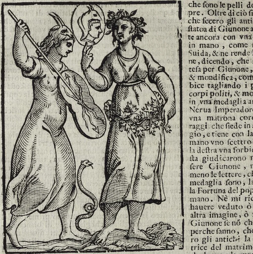 An illustration from Imagini Delli Dei De Gl'Antichi Di Vincenzo Cartari Reggiano: Ridotte da capo à piedi alle loro reali, & non più per l'adietro osseruate simiglianze. Cauate da' Marmi, Bronzi, Medaglie, Gioie, & altre memorie antiche; con esquisito studio, & particolare diligenza Da Lorenzo Pignoria Padoano. Aggionteui le Annotationi del medesimo sopra tutta l'opera ... Con le Allegorie sopra le Imagini di Cesare Malfatti Padoano, migliorate, & accresciute nouamente. Et vn Catalogo di cento più famosi dei della Gentilità. Con l'aggiunta d'vn'altro Catalogo de gl'Autori Antichi, & Moderni ..., 1674, leaf 126