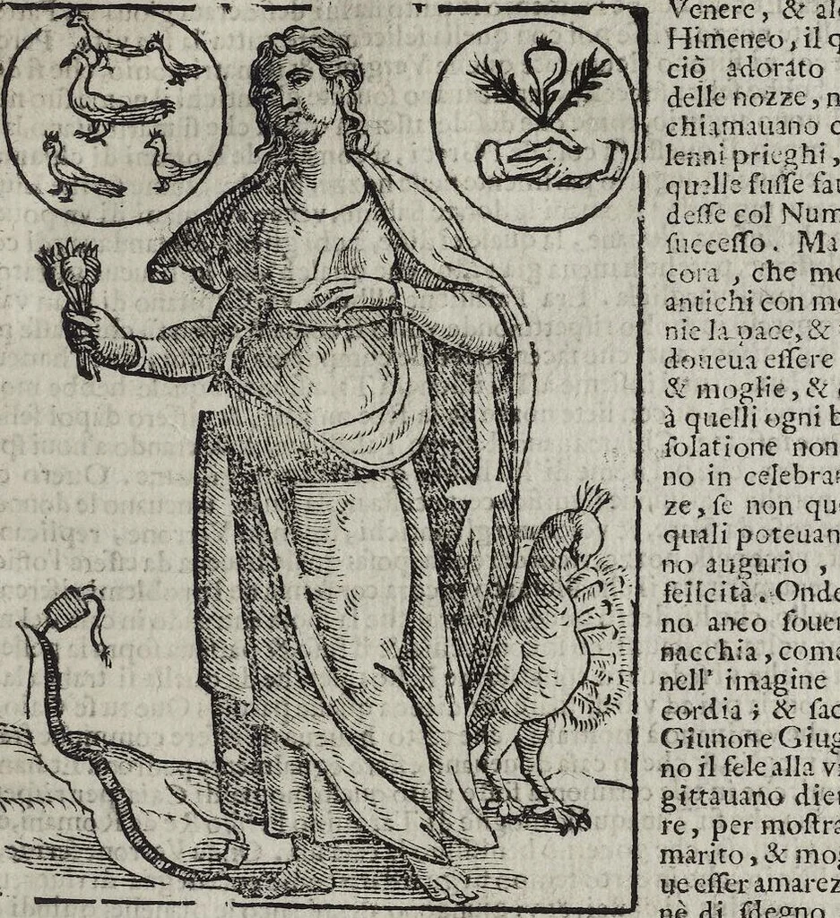 An illustration from Imagini Delli Dei De Gl'Antichi Di Vincenzo Cartari Reggiano: Ridotte da capo à piedi alle loro reali, & non più per l'adietro osseruate simiglianze. Cauate da' Marmi, Bronzi, Medaglie, Gioie, & altre memorie antiche; con esquisito studio, & particolare diligenza Da Lorenzo Pignoria Padoano. Aggionteui le Annotationi del medesimo sopra tutta l'opera ... Con le Allegorie sopra le Imagini di Cesare Malfatti Padoano, migliorate, & accresciute nouamente. Et vn Catalogo di cento più famosi dei della Gentilità. Con l'aggiunta d'vn'altro Catalogo de gl'Autori Antichi, & Moderni ..., 1674, leaf 127