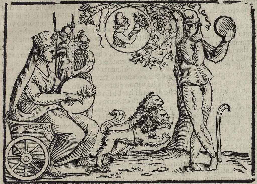 An illustration from Imagini Delli Dei De Gl'Antichi Di Vincenzo Cartari Reggiano: Ridotte da capo à piedi alle loro reali, & non più per l'adietro osseruate simiglianze. Cauate da' Marmi, Bronzi, Medaglie, Gioie, & altre memorie antiche; con esquisito studio, & particolare diligenza Da Lorenzo Pignoria Padoano. Aggionteui le Annotationi del medesimo sopra tutta l'opera ... Con le Allegorie sopra le Imagini di Cesare Malfatti Padoano, migliorate, & accresciute nouamente. Et vn Catalogo di cento più famosi dei della Gentilità. Con l'aggiunta d'vn'altro Catalogo de gl'Autori Antichi, & Moderni ..., 1674, leaf 131