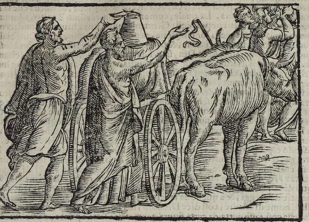 An illustration from Imagini Delli Dei De Gl'Antichi Di Vincenzo Cartari Reggiano: Ridotte da capo à piedi alle loro reali, & non più per l'adietro osseruate simiglianze. Cauate da' Marmi, Bronzi, Medaglie, Gioie, & altre memorie antiche; con esquisito studio, & particolare diligenza Da Lorenzo Pignoria Padoano. Aggionteui le Annotationi del medesimo sopra tutta l'opera ... Con le Allegorie sopra le Imagini di Cesare Malfatti Padoano, migliorate, & accresciute nouamente. Et vn Catalogo di cento più famosi dei della Gentilità. Con l'aggiunta d'vn'altro Catalogo de gl'Autori Antichi, & Moderni ..., 1674, leaf 135