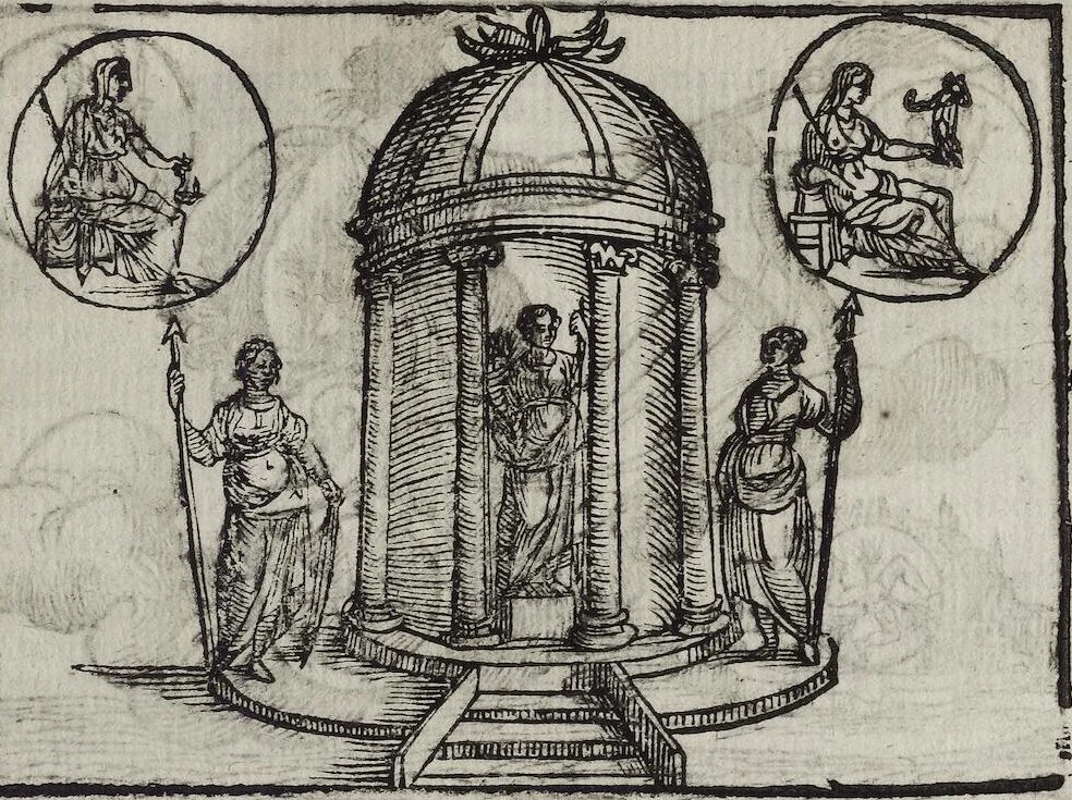 An illustration from Imagini Delli Dei De Gl'Antichi Di Vincenzo Cartari Reggiano: Ridotte da capo à piedi alle loro reali, & non più per l'adietro osseruate simiglianze. Cauate da' Marmi, Bronzi, Medaglie, Gioie, & altre memorie antiche; con esquisito studio, & particolare diligenza Da Lorenzo Pignoria Padoano. Aggionteui le Annotationi del medesimo sopra tutta l'opera ... Con le Allegorie sopra le Imagini di Cesare Malfatti Padoano, migliorate, & accresciute nouamente. Et vn Catalogo di cento più famosi dei della Gentilità. Con l'aggiunta d'vn'altro Catalogo de gl'Autori Antichi, & Moderni ..., 1674, leaf 139