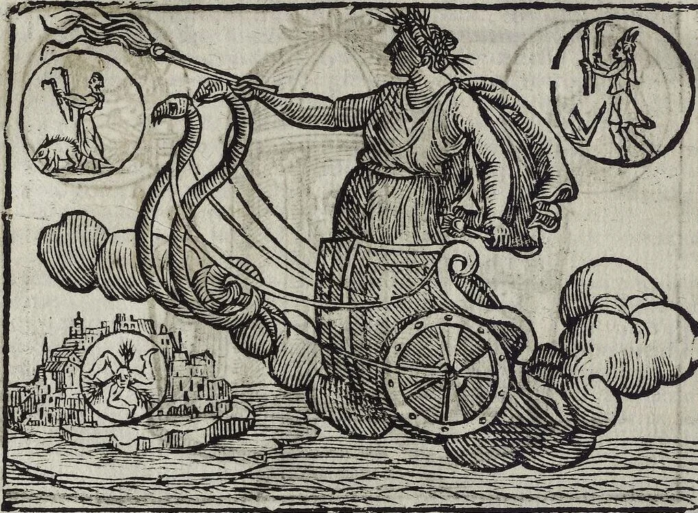 An illustration from Imagini Delli Dei De Gl'Antichi Di Vincenzo Cartari Reggiano: Ridotte da capo à piedi alle loro reali, & non più per l'adietro osseruate simiglianze. Cauate da' Marmi, Bronzi, Medaglie, Gioie, & altre memorie antiche; con esquisito studio, & particolare diligenza Da Lorenzo Pignoria Padoano. Aggionteui le Annotationi del medesimo sopra tutta l'opera ... Con le Allegorie sopra le Imagini di Cesare Malfatti Padoano, migliorate, & accresciute nouamente. Et vn Catalogo di cento più famosi dei della Gentilità. Con l'aggiunta d'vn'altro Catalogo de gl'Autori Antichi, & Moderni ..., 1674, leaf 140