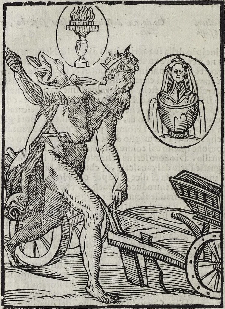 An illustration from Imagini Delli Dei De Gl'Antichi Di Vincenzo Cartari Reggiano: Ridotte da capo à piedi alle loro reali, & non più per l'adietro osseruate simiglianze. Cauate da' Marmi, Bronzi, Medaglie, Gioie, & altre memorie antiche; con esquisito studio, & particolare diligenza Da Lorenzo Pignoria Padoano. Aggionteui le Annotationi del medesimo sopra tutta l'opera ... Con le Allegorie sopra le Imagini di Cesare Malfatti Padoano, migliorate, & accresciute nouamente. Et vn Catalogo di cento più famosi dei della Gentilità. Con l'aggiunta d'vn'altro Catalogo de gl'Autori Antichi, & Moderni ..., 1674, leaf 156