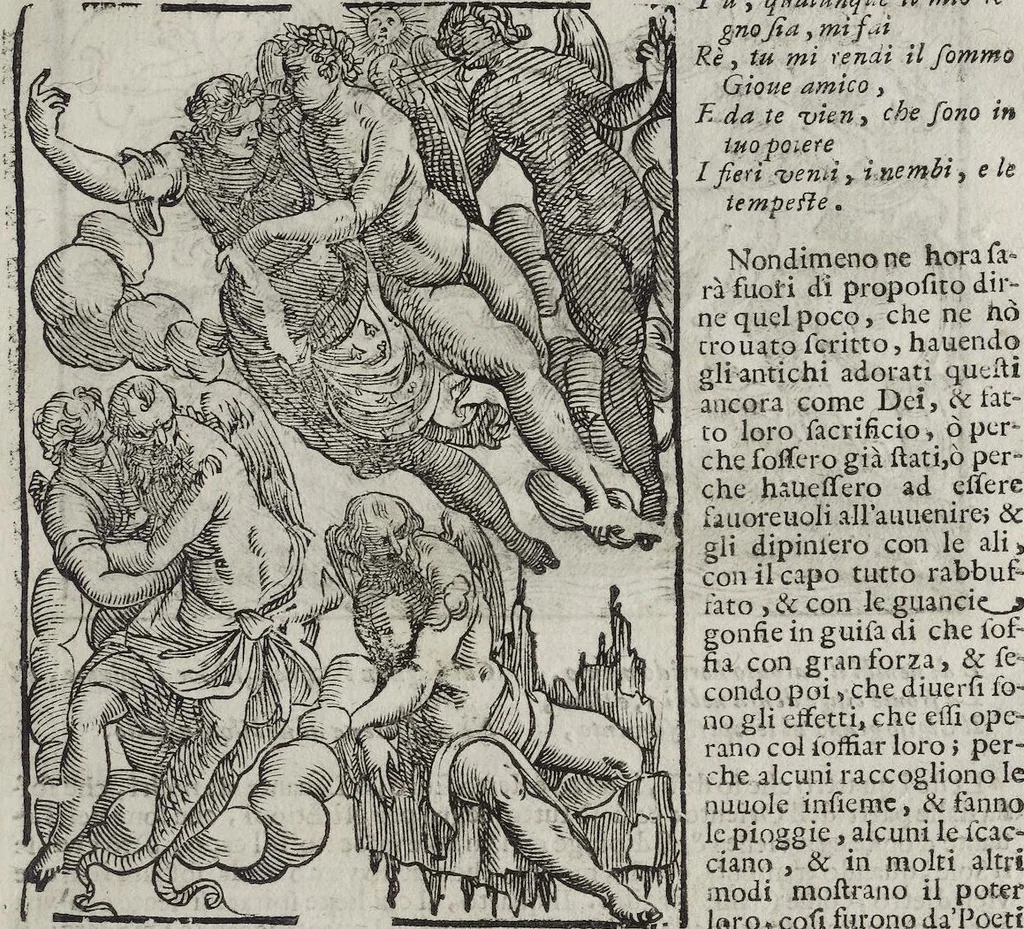 An illustration from Imagini Delli Dei De Gl'Antichi Di Vincenzo Cartari Reggiano: Ridotte da capo à piedi alle loro reali, & non più per l'adietro osseruate simiglianze. Cauate da' Marmi, Bronzi, Medaglie, Gioie, & altre memorie antiche; con esquisito studio, & particolare diligenza Da Lorenzo Pignoria Padoano. Aggionteui le Annotationi del medesimo sopra tutta l'opera ... Con le Allegorie sopra le Imagini di Cesare Malfatti Padoano, migliorate, & accresciute nouamente. Et vn Catalogo di cento più famosi dei della Gentilità. Con l'aggiunta d'vn'altro Catalogo de gl'Autori Antichi, & Moderni ..., 1674, leaf 159