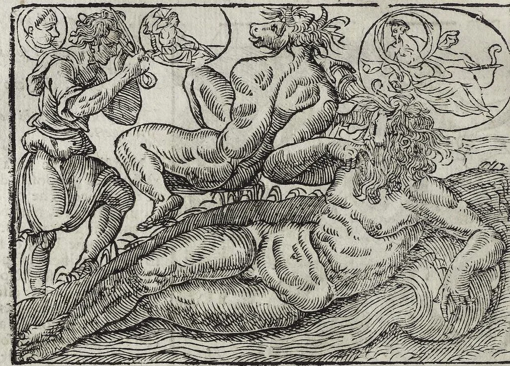 An illustration from Imagini Delli Dei De Gl'Antichi Di Vincenzo Cartari Reggiano: Ridotte da capo à piedi alle loro reali, & non più per l'adietro osseruate simiglianze. Cauate da' Marmi, Bronzi, Medaglie, Gioie, & altre memorie antiche; con esquisito studio, & particolare diligenza Da Lorenzo Pignoria Padoano. Aggionteui le Annotationi del medesimo sopra tutta l'opera ... Con le Allegorie sopra le Imagini di Cesare Malfatti Padoano, migliorate, & accresciute nouamente. Et vn Catalogo di cento più famosi dei della Gentilità. Con l'aggiunta d'vn'altro Catalogo de gl'Autori Antichi, & Moderni ..., 1674, leaf 160