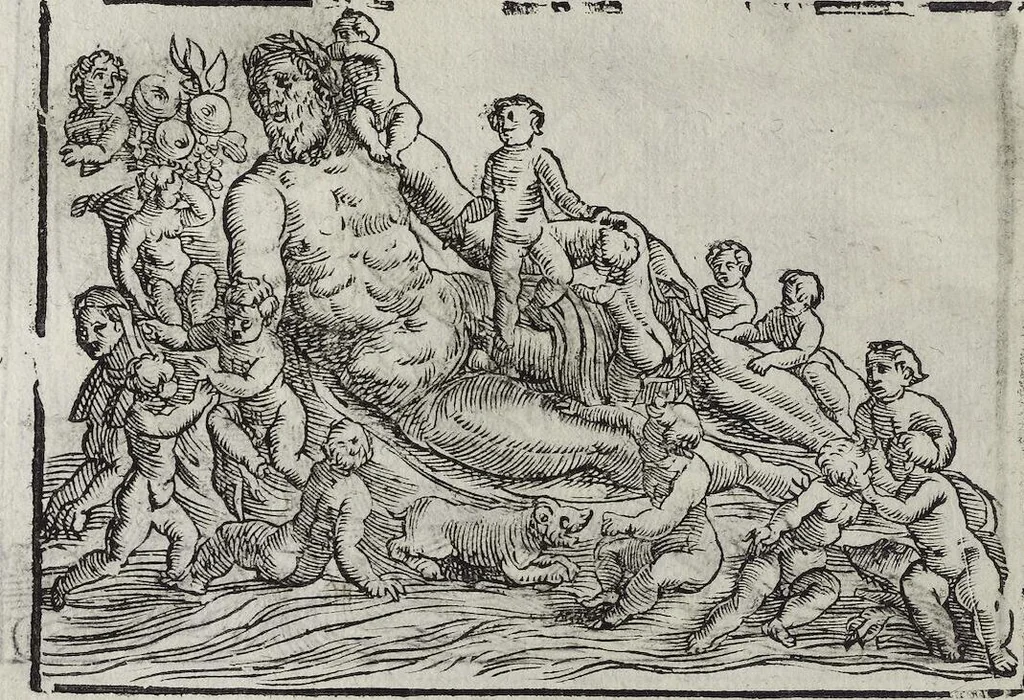 An illustration from Imagini Delli Dei De Gl'Antichi Di Vincenzo Cartari Reggiano: Ridotte da capo à piedi alle loro reali, & non più per l'adietro osseruate simiglianze. Cauate da' Marmi, Bronzi, Medaglie, Gioie, & altre memorie antiche; con esquisito studio, & particolare diligenza Da Lorenzo Pignoria Padoano. Aggionteui le Annotationi del medesimo sopra tutta l'opera ... Con le Allegorie sopra le Imagini di Cesare Malfatti Padoano, migliorate, & accresciute nouamente. Et vn Catalogo di cento più famosi dei della Gentilità. Con l'aggiunta d'vn'altro Catalogo de gl'Autori Antichi, & Moderni ..., 1674, leaf 162