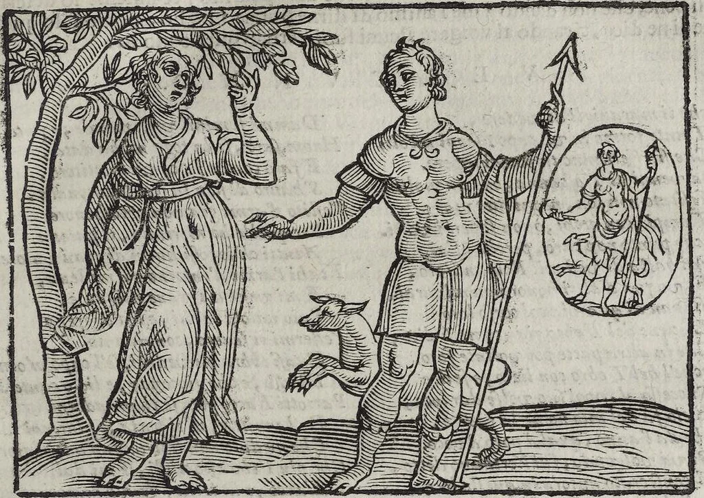 An illustration from Imagini Delli Dei De Gl'Antichi Di Vincenzo Cartari Reggiano: Ridotte da capo à piedi alle loro reali, & non più per l'adietro osseruate simiglianze. Cauate da' Marmi, Bronzi, Medaglie, Gioie, & altre memorie antiche; con esquisito studio, & particolare diligenza Da Lorenzo Pignoria Padoano. Aggionteui le Annotationi del medesimo sopra tutta l'opera ... Con le Allegorie sopra le Imagini di Cesare Malfatti Padoano, migliorate, & accresciute nouamente. Et vn Catalogo di cento più famosi dei della Gentilità. Con l'aggiunta d'vn'altro Catalogo de gl'Autori Antichi, & Moderni ..., 1674, leaf 163