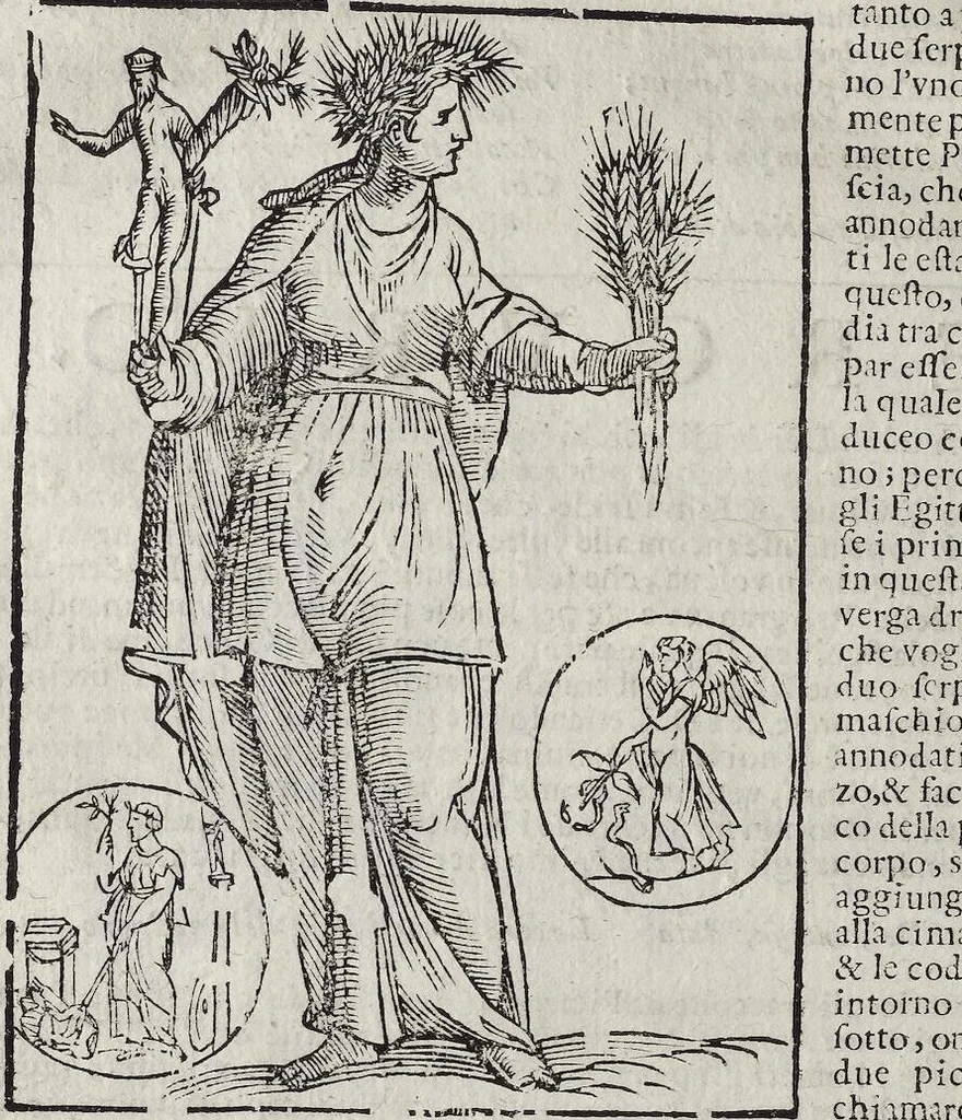An illustration from Imagini Delli Dei De Gl'Antichi Di Vincenzo Cartari Reggiano: Ridotte da capo à piedi alle loro reali, & non più per l'adietro osseruate simiglianze. Cauate da' Marmi, Bronzi, Medaglie, Gioie, & altre memorie antiche; con esquisito studio, & particolare diligenza Da Lorenzo Pignoria Padoano. Aggionteui le Annotationi del medesimo sopra tutta l'opera ... Con le Allegorie sopra le Imagini di Cesare Malfatti Padoano, migliorate, & accresciute nouamente. Et vn Catalogo di cento più famosi dei della Gentilità. Con l'aggiunta d'vn'altro Catalogo de gl'Autori Antichi, & Moderni ..., 1674, leaf 184