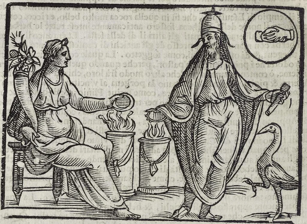 An illustration from Imagini Delli Dei De Gl'Antichi Di Vincenzo Cartari Reggiano: Ridotte da capo à piedi alle loro reali, & non più per l'adietro osseruate simiglianze. Cauate da' Marmi, Bronzi, Medaglie, Gioie, & altre memorie antiche; con esquisito studio, & particolare diligenza Da Lorenzo Pignoria Padoano. Aggionteui le Annotationi del medesimo sopra tutta l'opera ... Con le Allegorie sopra le Imagini di Cesare Malfatti Padoano, migliorate, & accresciute nouamente. Et vn Catalogo di cento più famosi dei della Gentilità. Con l'aggiunta d'vn'altro Catalogo de gl'Autori Antichi, & Moderni ..., 1674, leaf 186