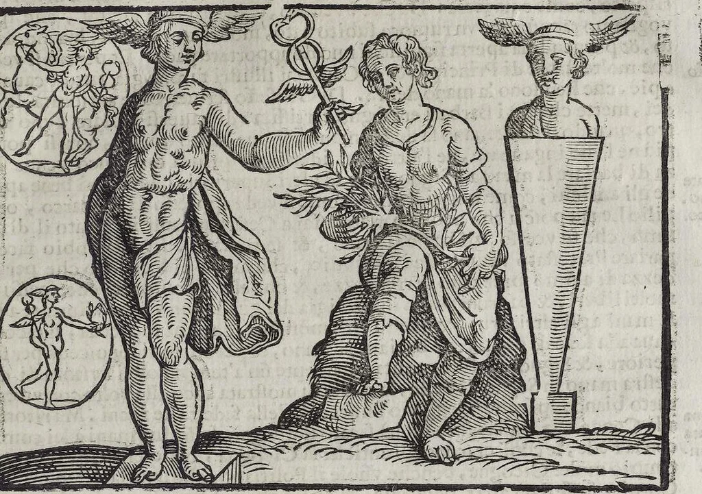 An illustration from Imagini Delli Dei De Gl'Antichi Di Vincenzo Cartari Reggiano: Ridotte da capo à piedi alle loro reali, & non più per l'adietro osseruate simiglianze. Cauate da' Marmi, Bronzi, Medaglie, Gioie, & altre memorie antiche; con esquisito studio, & particolare diligenza Da Lorenzo Pignoria Padoano. Aggionteui le Annotationi del medesimo sopra tutta l'opera ... Con le Allegorie sopra le Imagini di Cesare Malfatti Padoano, migliorate, & accresciute nouamente. Et vn Catalogo di cento più famosi dei della Gentilità. Con l'aggiunta d'vn'altro Catalogo de gl'Autori Antichi, & Moderni ..., 1674, leaf 187
