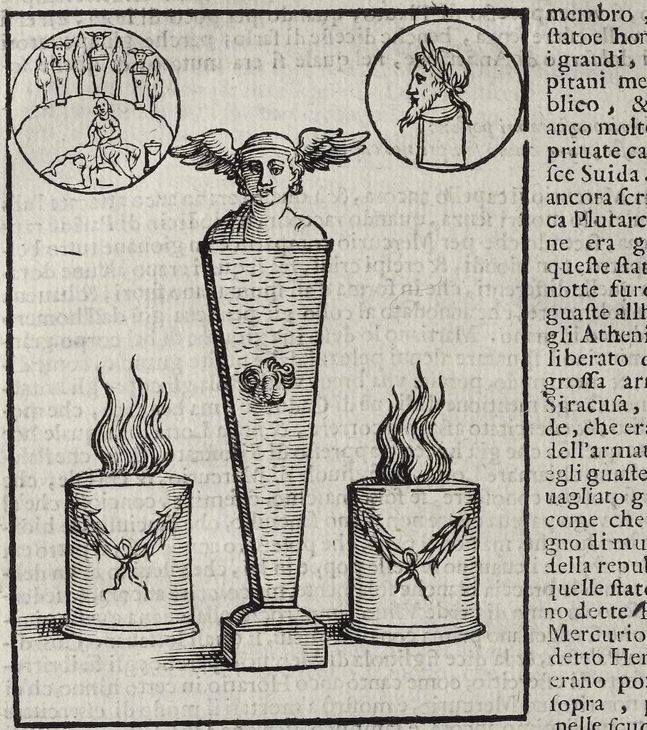 An illustration from Imagini Delli Dei De Gl'Antichi Di Vincenzo Cartari Reggiano: Ridotte da capo à piedi alle loro reali, & non più per l'adietro osseruate simiglianze. Cauate da' Marmi, Bronzi, Medaglie, Gioie, & altre memorie antiche; con esquisito studio, & particolare diligenza Da Lorenzo Pignoria Padoano. Aggionteui le Annotationi del medesimo sopra tutta l'opera ... Con le Allegorie sopra le Imagini di Cesare Malfatti Padoano, migliorate, & accresciute nouamente. Et vn Catalogo di cento più famosi dei della Gentilità. Con l'aggiunta d'vn'altro Catalogo de gl'Autori Antichi, & Moderni ..., 1674, leaf 190