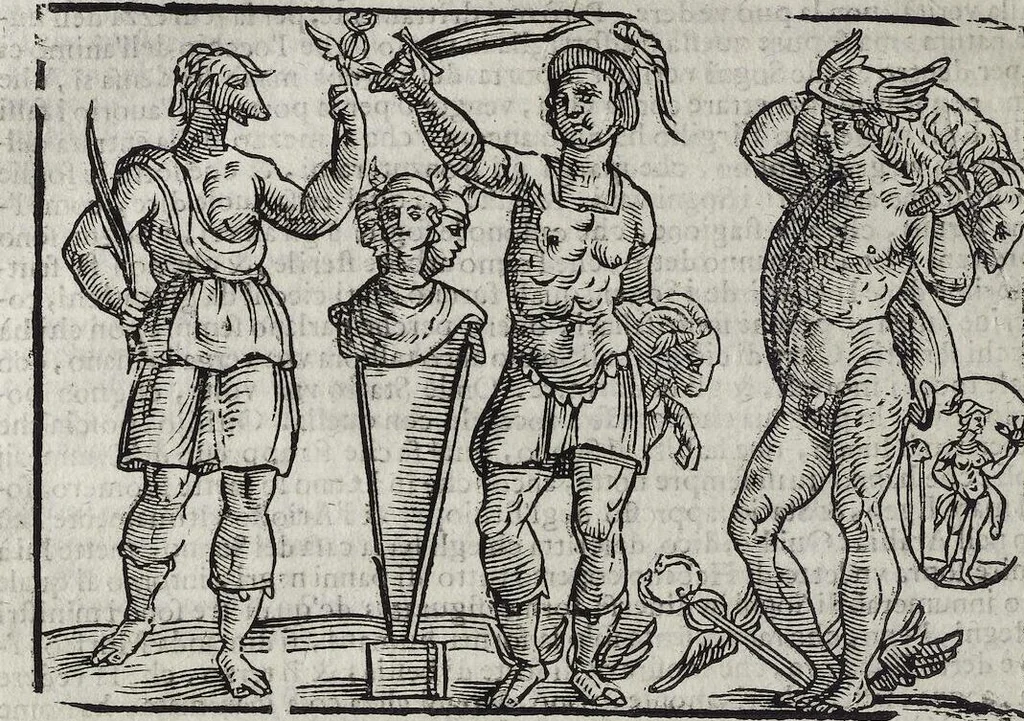 An illustration from Imagini Delli Dei De Gl'Antichi Di Vincenzo Cartari Reggiano: Ridotte da capo à piedi alle loro reali, & non più per l'adietro osseruate simiglianze. Cauate da' Marmi, Bronzi, Medaglie, Gioie, & altre memorie antiche; con esquisito studio, & particolare diligenza Da Lorenzo Pignoria Padoano. Aggionteui le Annotationi del medesimo sopra tutta l'opera ... Con le Allegorie sopra le Imagini di Cesare Malfatti Padoano, migliorate, & accresciute nouamente. Et vn Catalogo di cento più famosi dei della Gentilità. Con l'aggiunta d'vn'altro Catalogo de gl'Autori Antichi, & Moderni ..., 1674, leaf 194