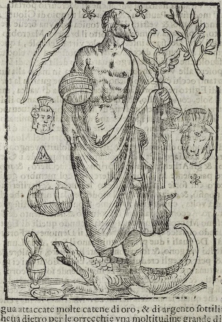 An illustration from Imagini Delli Dei De Gl'Antichi Di Vincenzo Cartari Reggiano: Ridotte da capo à piedi alle loro reali, & non più per l'adietro osseruate simiglianze. Cauate da' Marmi, Bronzi, Medaglie, Gioie, & altre memorie antiche; con esquisito studio, & particolare diligenza Da Lorenzo Pignoria Padoano. Aggionteui le Annotationi del medesimo sopra tutta l'opera ... Con le Allegorie sopra le Imagini di Cesare Malfatti Padoano, migliorate, & accresciute nouamente. Et vn Catalogo di cento più famosi dei della Gentilità. Con l'aggiunta d'vn'altro Catalogo de gl'Autori Antichi, & Moderni ..., 1674, leaf 196