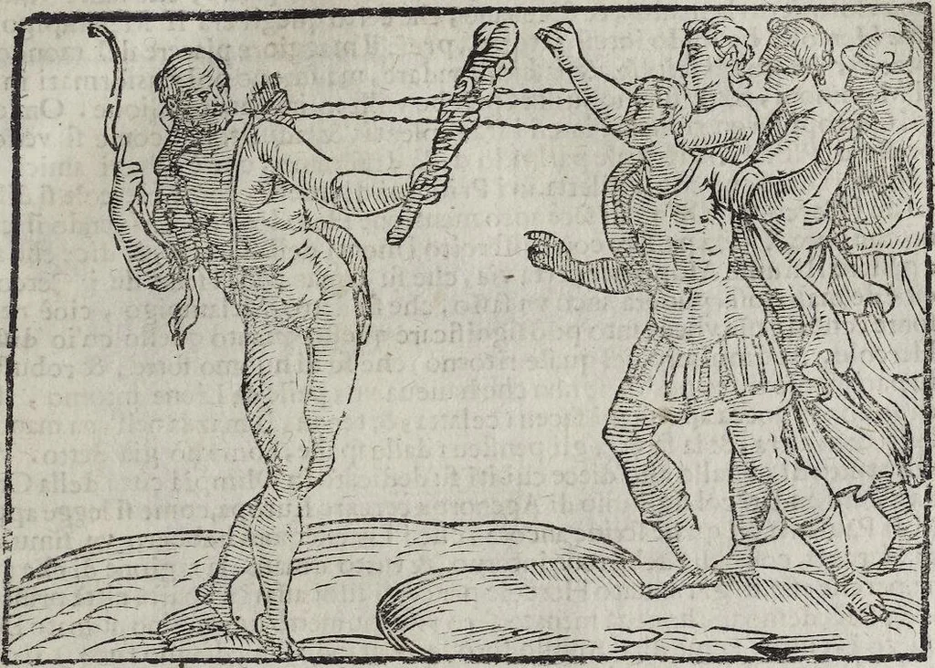 An illustration from Imagini Delli Dei De Gl'Antichi Di Vincenzo Cartari Reggiano: Ridotte da capo à piedi alle loro reali, & non più per l'adietro osseruate simiglianze. Cauate da' Marmi, Bronzi, Medaglie, Gioie, & altre memorie antiche; con esquisito studio, & particolare diligenza Da Lorenzo Pignoria Padoano. Aggionteui le Annotationi del medesimo sopra tutta l'opera ... Con le Allegorie sopra le Imagini di Cesare Malfatti Padoano, migliorate, & accresciute nouamente. Et vn Catalogo di cento più famosi dei della Gentilità. Con l'aggiunta d'vn'altro Catalogo de gl'Autori Antichi, & Moderni ..., 1674, leaf 197