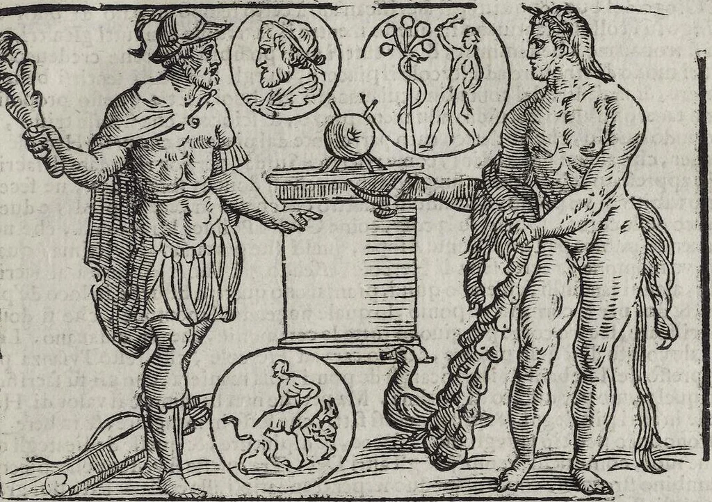 An illustration from Imagini Delli Dei De Gl'Antichi Di Vincenzo Cartari Reggiano: Ridotte da capo à piedi alle loro reali, & non più per l'adietro osseruate simiglianze. Cauate da' Marmi, Bronzi, Medaglie, Gioie, & altre memorie antiche; con esquisito studio, & particolare diligenza Da Lorenzo Pignoria Padoano. Aggionteui le Annotationi del medesimo sopra tutta l'opera ... Con le Allegorie sopra le Imagini di Cesare Malfatti Padoano, migliorate, & accresciute nouamente. Et vn Catalogo di cento più famosi dei della Gentilità. Con l'aggiunta d'vn'altro Catalogo de gl'Autori Antichi, & Moderni ..., 1674, leaf 199