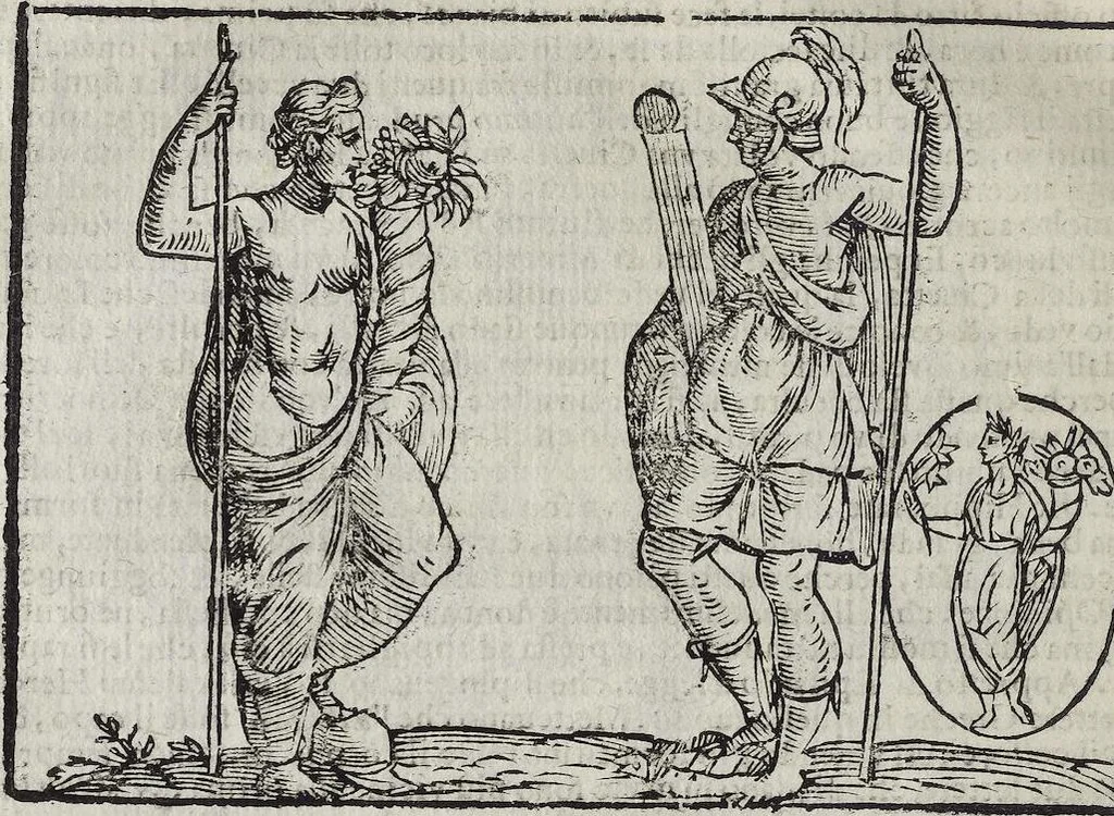 An illustration from Imagini Delli Dei De Gl'Antichi Di Vincenzo Cartari Reggiano: Ridotte da capo à piedi alle loro reali, & non più per l'adietro osseruate simiglianze. Cauate da' Marmi, Bronzi, Medaglie, Gioie, & altre memorie antiche; con esquisito studio, & particolare diligenza Da Lorenzo Pignoria Padoano. Aggionteui le Annotationi del medesimo sopra tutta l'opera ... Con le Allegorie sopra le Imagini di Cesare Malfatti Padoano, migliorate, & accresciute nouamente. Et vn Catalogo di cento più famosi dei della Gentilità. Con l'aggiunta d'vn'altro Catalogo de gl'Autori Antichi, & Moderni ..., 1674, leaf 210