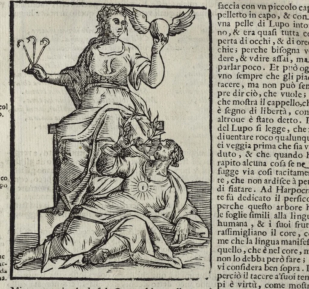 An illustration from Imagini Delli Dei De Gl'Antichi Di Vincenzo Cartari Reggiano: Ridotte da capo à piedi alle loro reali, & non più per l'adietro osseruate simiglianze. Cauate da' Marmi, Bronzi, Medaglie, Gioie, & altre memorie antiche; con esquisito studio, & particolare diligenza Da Lorenzo Pignoria Padoano. Aggionteui le Annotationi del medesimo sopra tutta l'opera ... Con le Allegorie sopra le Imagini di Cesare Malfatti Padoano, migliorate, & accresciute nouamente. Et vn Catalogo di cento più famosi dei della Gentilità. Con l'aggiunta d'vn'altro Catalogo de gl'Autori Antichi, & Moderni ..., 1674, leaf 212