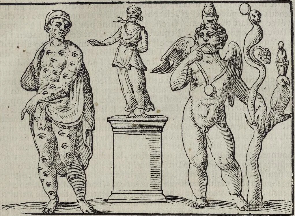 An illustration from Imagini Delli Dei De Gl'Antichi Di Vincenzo Cartari Reggiano: Ridotte da capo à piedi alle loro reali, & non più per l'adietro osseruate simiglianze. Cauate da' Marmi, Bronzi, Medaglie, Gioie, & altre memorie antiche; con esquisito studio, & particolare diligenza Da Lorenzo Pignoria Padoano. Aggionteui le Annotationi del medesimo sopra tutta l'opera ... Con le Allegorie sopra le Imagini di Cesare Malfatti Padoano, migliorate, & accresciute nouamente. Et vn Catalogo di cento più famosi dei della Gentilità. Con l'aggiunta d'vn'altro Catalogo de gl'Autori Antichi, & Moderni ..., 1674, leaf 213