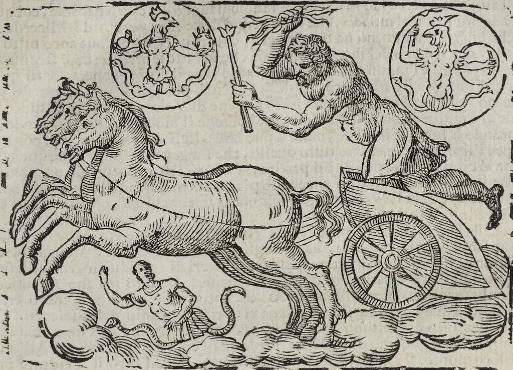An illustration from Imagini Delli Dei De Gl'Antichi Di Vincenzo Cartari Reggiano: Ridotte da capo à piedi alle loro reali, & non più per l'adietro osseruate simiglianze. Cauate da' Marmi, Bronzi, Medaglie, Gioie, & altre memorie antiche; con esquisito studio, & particolare diligenza Da Lorenzo Pignoria Padoano. Aggionteui le Annotationi del medesimo sopra tutta l'opera ... Con le Allegorie sopra le Imagini di Cesare Malfatti Padoano, migliorate, & accresciute nouamente. Et vn Catalogo di cento più famosi dei della Gentilità. Con l'aggiunta d'vn'altro Catalogo de gl'Autori Antichi, & Moderni ..., 1674, leaf 217