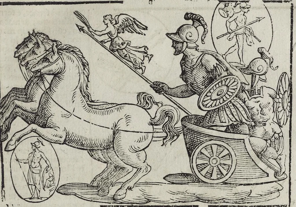 An illustration from Imagini Delli Dei De Gl'Antichi Di Vincenzo Cartari Reggiano: Ridotte da capo à piedi alle loro reali, & non più per l'adietro osseruate simiglianze. Cauate da' Marmi, Bronzi, Medaglie, Gioie, & altre memorie antiche; con esquisito studio, & particolare diligenza Da Lorenzo Pignoria Padoano. Aggionteui le Annotationi del medesimo sopra tutta l'opera ... Con le Allegorie sopra le Imagini di Cesare Malfatti Padoano, migliorate, & accresciute nouamente. Et vn Catalogo di cento più famosi dei della Gentilità. Con l'aggiunta d'vn'altro Catalogo de gl'Autori Antichi, & Moderni ..., 1674, leaf 221