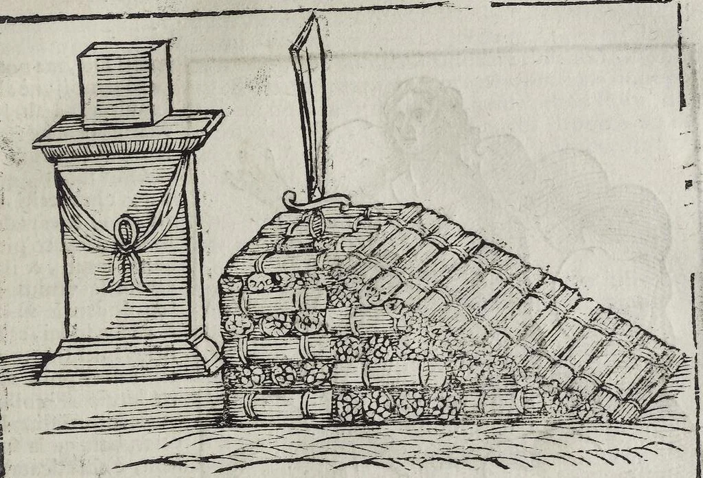 An illustration from Imagini Delli Dei De Gl'Antichi Di Vincenzo Cartari Reggiano: Ridotte da capo à piedi alle loro reali, & non più per l'adietro osseruate simiglianze. Cauate da' Marmi, Bronzi, Medaglie, Gioie, & altre memorie antiche; con esquisito studio, & particolare diligenza Da Lorenzo Pignoria Padoano. Aggionteui le Annotationi del medesimo sopra tutta l'opera ... Con le Allegorie sopra le Imagini di Cesare Malfatti Padoano, migliorate, & accresciute nouamente. Et vn Catalogo di cento più famosi dei della Gentilità. Con l'aggiunta d'vn'altro Catalogo de gl'Autori Antichi, & Moderni ..., 1674, leaf 223