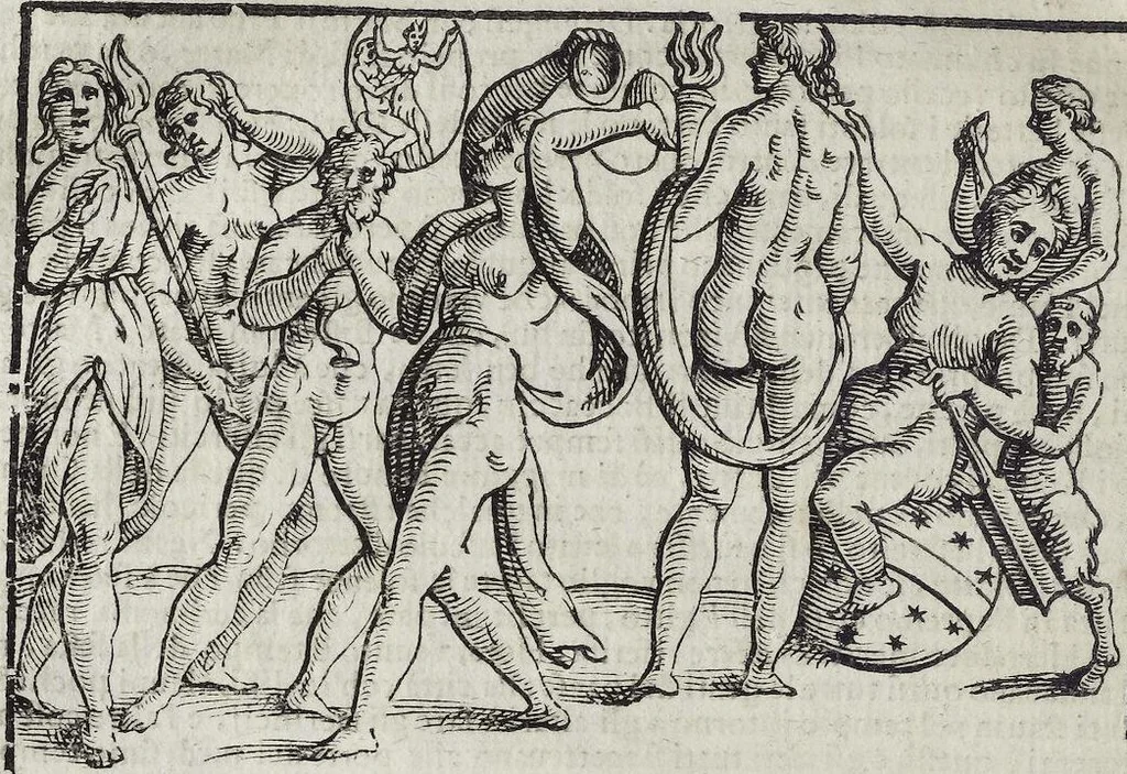 An illustration from Imagini Delli Dei De Gl'Antichi Di Vincenzo Cartari Reggiano: Ridotte da capo à piedi alle loro reali, & non più per l'adietro osseruate simiglianze. Cauate da' Marmi, Bronzi, Medaglie, Gioie, & altre memorie antiche; con esquisito studio, & particolare diligenza Da Lorenzo Pignoria Padoano. Aggionteui le Annotationi del medesimo sopra tutta l'opera ... Con le Allegorie sopra le Imagini di Cesare Malfatti Padoano, migliorate, & accresciute nouamente. Et vn Catalogo di cento più famosi dei della Gentilità. Con l'aggiunta d'vn'altro Catalogo de gl'Autori Antichi, & Moderni ..., 1674, leaf 230