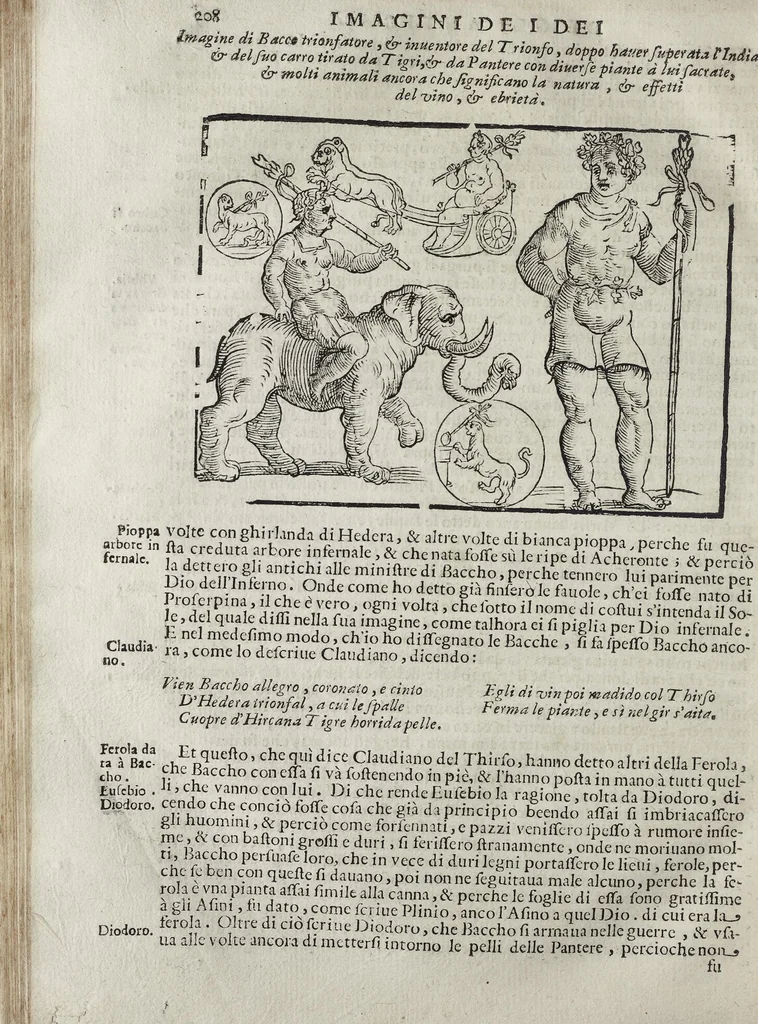 An illustration from Imagini Delli Dei De Gl'Antichi Di Vincenzo Cartari Reggiano: Ridotte da capo à piedi alle loro reali, & non più per l'adietro osseruate simiglianze. Cauate da' Marmi, Bronzi, Medaglie, Gioie, & altre memorie antiche; con esquisito studio, & particolare diligenza Da Lorenzo Pignoria Padoano. Aggionteui le Annotationi del medesimo sopra tutta l'opera ... Con le Allegorie sopra le Imagini di Cesare Malfatti Padoano, migliorate, & accresciute nouamente. Et vn Catalogo di cento più famosi dei della Gentilità. Con l'aggiunta d'vn'altro Catalogo de gl'Autori Antichi, & Moderni ..., 1674, leaf 236