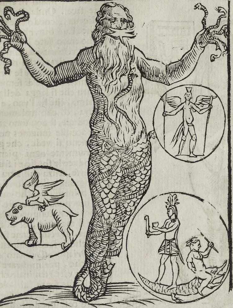 An illustration from Imagini Delli Dei De Gl'Antichi Di Vincenzo Cartari Reggiano: Ridotte da capo à piedi alle loro reali, & non più per l'adietro osseruate simiglianze. Cauate da' Marmi, Bronzi, Medaglie, Gioie, & altre memorie antiche; con esquisito studio, & particolare diligenza Da Lorenzo Pignoria Padoano. Aggionteui le Annotationi del medesimo sopra tutta l'opera ... Con le Allegorie sopra le Imagini di Cesare Malfatti Padoano, migliorate, & accresciute nouamente. Et vn Catalogo di cento più famosi dei della Gentilità. Con l'aggiunta d'vn'altro Catalogo de gl'Autori Antichi, & Moderni ..., 1674, leaf 241