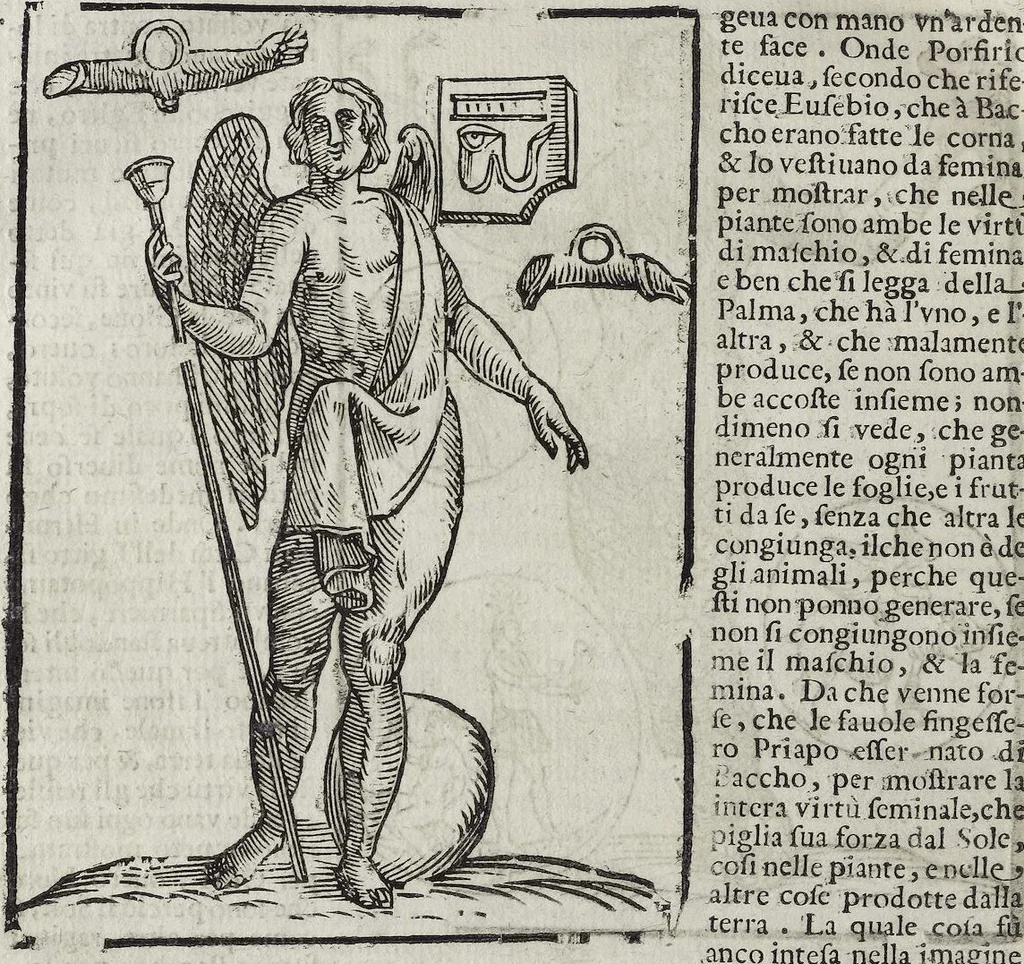 An illustration from Imagini Delli Dei De Gl'Antichi Di Vincenzo Cartari Reggiano: Ridotte da capo à piedi alle loro reali, & non più per l'adietro osseruate simiglianze. Cauate da' Marmi, Bronzi, Medaglie, Gioie, & altre memorie antiche; con esquisito studio, & particolare diligenza Da Lorenzo Pignoria Padoano. Aggionteui le Annotationi del medesimo sopra tutta l'opera ... Con le Allegorie sopra le Imagini di Cesare Malfatti Padoano, migliorate, & accresciute nouamente. Et vn Catalogo di cento più famosi dei della Gentilità. Con l'aggiunta d'vn'altro Catalogo de gl'Autori Antichi, & Moderni ..., 1674, leaf 242