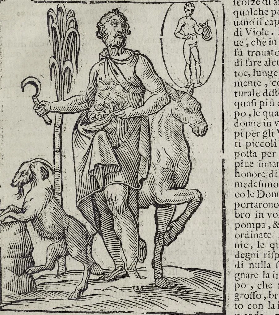 An illustration from Imagini Delli Dei De Gl'Antichi Di Vincenzo Cartari Reggiano: Ridotte da capo à piedi alle loro reali, & non più per l'adietro osseruate simiglianze. Cauate da' Marmi, Bronzi, Medaglie, Gioie, & altre memorie antiche; con esquisito studio, & particolare diligenza Da Lorenzo Pignoria Padoano. Aggionteui le Annotationi del medesimo sopra tutta l'opera ... Con le Allegorie sopra le Imagini di Cesare Malfatti Padoano, migliorate, & accresciute nouamente. Et vn Catalogo di cento più famosi dei della Gentilità. Con l'aggiunta d'vn'altro Catalogo de gl'Autori Antichi, & Moderni ..., 1674, leaf 243