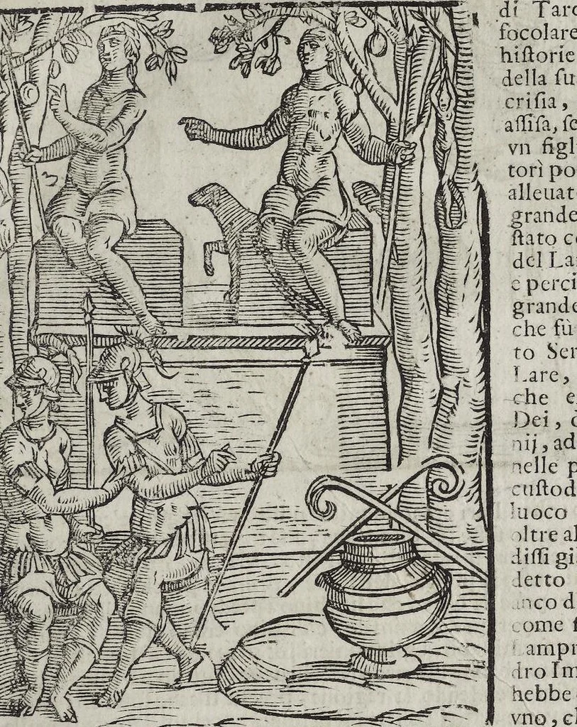 An illustration from Imagini Delli Dei De Gl'Antichi Di Vincenzo Cartari Reggiano: Ridotte da capo à piedi alle loro reali, & non più per l'adietro osseruate simiglianze. Cauate da' Marmi, Bronzi, Medaglie, Gioie, & altre memorie antiche; con esquisito studio, & particolare diligenza Da Lorenzo Pignoria Padoano. Aggionteui le Annotationi del medesimo sopra tutta l'opera ... Con le Allegorie sopra le Imagini di Cesare Malfatti Padoano, migliorate, & accresciute nouamente. Et vn Catalogo di cento più famosi dei della Gentilità. Con l'aggiunta d'vn'altro Catalogo de gl'Autori Antichi, & Moderni ..., 1674, leaf 245