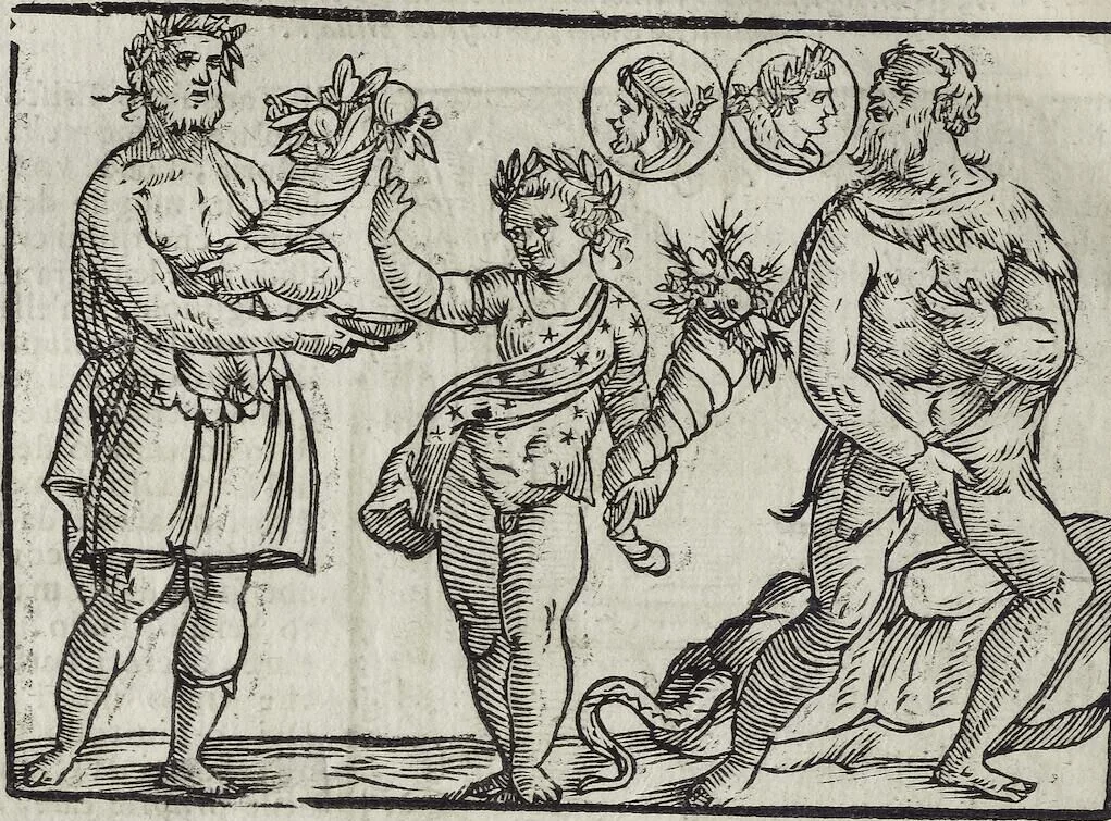 An illustration from Imagini Delli Dei De Gl'Antichi Di Vincenzo Cartari Reggiano: Ridotte da capo à piedi alle loro reali, & non più per l'adietro osseruate simiglianze. Cauate da' Marmi, Bronzi, Medaglie, Gioie, & altre memorie antiche; con esquisito studio, & particolare diligenza Da Lorenzo Pignoria Padoano. Aggionteui le Annotationi del medesimo sopra tutta l'opera ... Con le Allegorie sopra le Imagini di Cesare Malfatti Padoano, migliorate, & accresciute nouamente. Et vn Catalogo di cento più famosi dei della Gentilità. Con l'aggiunta d'vn'altro Catalogo de gl'Autori Antichi, & Moderni ..., 1674, leaf 246