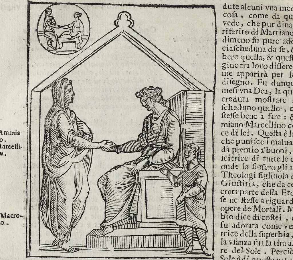 An illustration from Imagini Delli Dei De Gl'Antichi Di Vincenzo Cartari Reggiano: Ridotte da capo à piedi alle loro reali, & non più per l'adietro osseruate simiglianze. Cauate da' Marmi, Bronzi, Medaglie, Gioie, & altre memorie antiche; con esquisito studio, & particolare diligenza Da Lorenzo Pignoria Padoano. Aggionteui le Annotationi del medesimo sopra tutta l'opera ... Con le Allegorie sopra le Imagini di Cesare Malfatti Padoano, migliorate, & accresciute nouamente. Et vn Catalogo di cento più famosi dei della Gentilità. Con l'aggiunta d'vn'altro Catalogo de gl'Autori Antichi, & Moderni ..., 1674, leaf 252