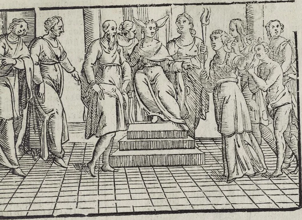 An illustration from Imagini Delli Dei De Gl'Antichi Di Vincenzo Cartari Reggiano: Ridotte da capo à piedi alle loro reali, & non più per l'adietro osseruate simiglianze. Cauate da' Marmi, Bronzi, Medaglie, Gioie, & altre memorie antiche; con esquisito studio, & particolare diligenza Da Lorenzo Pignoria Padoano. Aggionteui le Annotationi del medesimo sopra tutta l'opera ... Con le Allegorie sopra le Imagini di Cesare Malfatti Padoano, migliorate, & accresciute nouamente. Et vn Catalogo di cento più famosi dei della Gentilità. Con l'aggiunta d'vn'altro Catalogo de gl'Autori Antichi, & Moderni ..., 1674, leaf 255