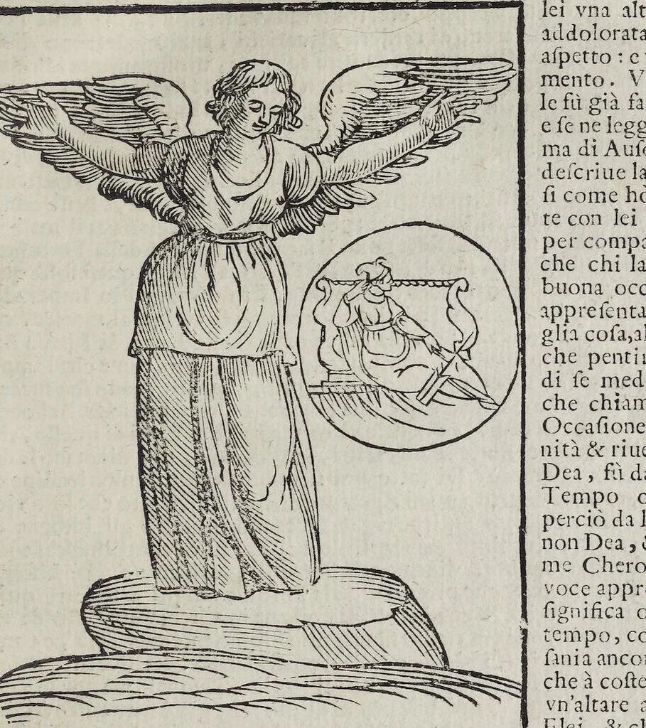 An illustration from Imagini Delli Dei De Gl'Antichi Di Vincenzo Cartari Reggiano: Ridotte da capo à piedi alle loro reali, & non più per l'adietro osseruate simiglianze. Cauate da' Marmi, Bronzi, Medaglie, Gioie, & altre memorie antiche; con esquisito studio, & particolare diligenza Da Lorenzo Pignoria Padoano. Aggionteui le Annotationi del medesimo sopra tutta l'opera ... Con le Allegorie sopra le Imagini di Cesare Malfatti Padoano, migliorate, & accresciute nouamente. Et vn Catalogo di cento più famosi dei della Gentilità. Con l'aggiunta d'vn'altro Catalogo de gl'Autori Antichi, & Moderni ..., 1674, leaf 261
