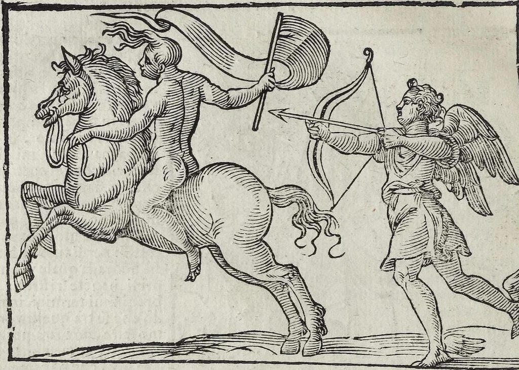 An illustration from Imagini Delli Dei De Gl'Antichi Di Vincenzo Cartari Reggiano: Ridotte da capo à piedi alle loro reali, & non più per l'adietro osseruate simiglianze. Cauate da' Marmi, Bronzi, Medaglie, Gioie, & altre memorie antiche; con esquisito studio, & particolare diligenza Da Lorenzo Pignoria Padoano. Aggionteui le Annotationi del medesimo sopra tutta l'opera ... Con le Allegorie sopra le Imagini di Cesare Malfatti Padoano, migliorate, & accresciute nouamente. Et vn Catalogo di cento più famosi dei della Gentilità. Con l'aggiunta d'vn'altro Catalogo de gl'Autori Antichi, & Moderni ..., 1674, leaf 264
