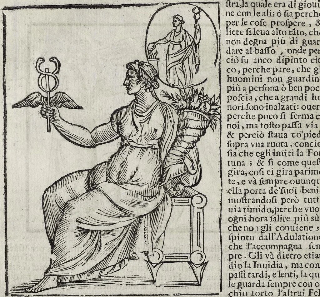 An illustration from Imagini Delli Dei De Gl'Antichi Di Vincenzo Cartari Reggiano: Ridotte da capo à piedi alle loro reali, & non più per l'adietro osseruate simiglianze. Cauate da' Marmi, Bronzi, Medaglie, Gioie, & altre memorie antiche; con esquisito studio, & particolare diligenza Da Lorenzo Pignoria Padoano. Aggionteui le Annotationi del medesimo sopra tutta l'opera ... Con le Allegorie sopra le Imagini di Cesare Malfatti Padoano, migliorate, & accresciute nouamente. Et vn Catalogo di cento più famosi dei della Gentilità. Con l'aggiunta d'vn'altro Catalogo de gl'Autori Antichi, & Moderni ..., 1674, leaf 266
