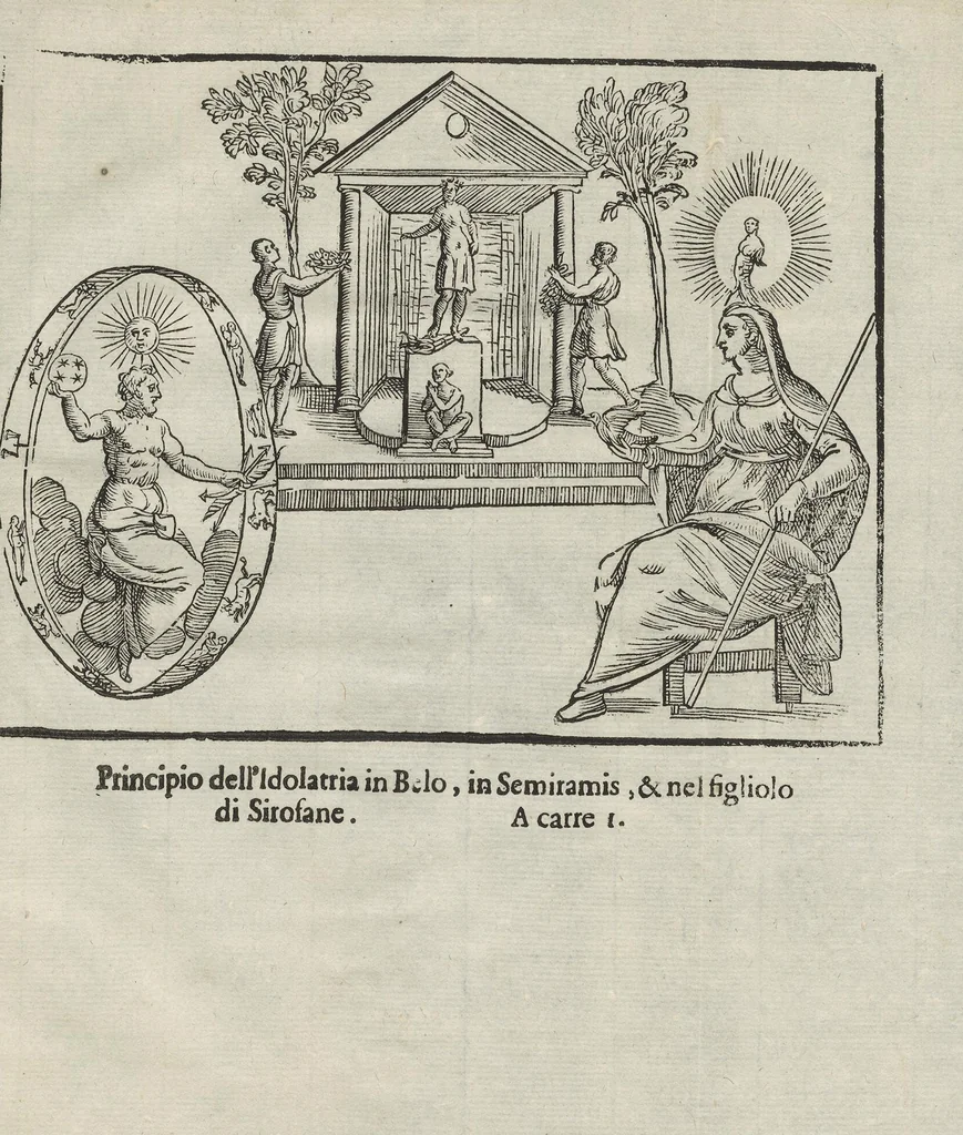 An illustration from Imagini Delli Dei De Gl'Antichi Di Vincenzo Cartari Reggiano: Ridotte da capo à piedi alle loro reali, & non più per l'adietro osseruate simiglianze. Cauate da' Marmi, Bronzi, Medaglie, Gioie, & altre memorie antiche; con esquisito studio, & particolare diligenza Da Lorenzo Pignoria Padoano. Aggionteui le Annotationi del medesimo sopra tutta l'opera ... Con le Allegorie sopra le Imagini di Cesare Malfatti Padoano, migliorate, & accresciute nouamente. Et vn Catalogo di cento più famosi dei della Gentilità. Con l'aggiunta d'vn'altro Catalogo de gl'Autori Antichi, & Moderni ..., 1674, leaf 27