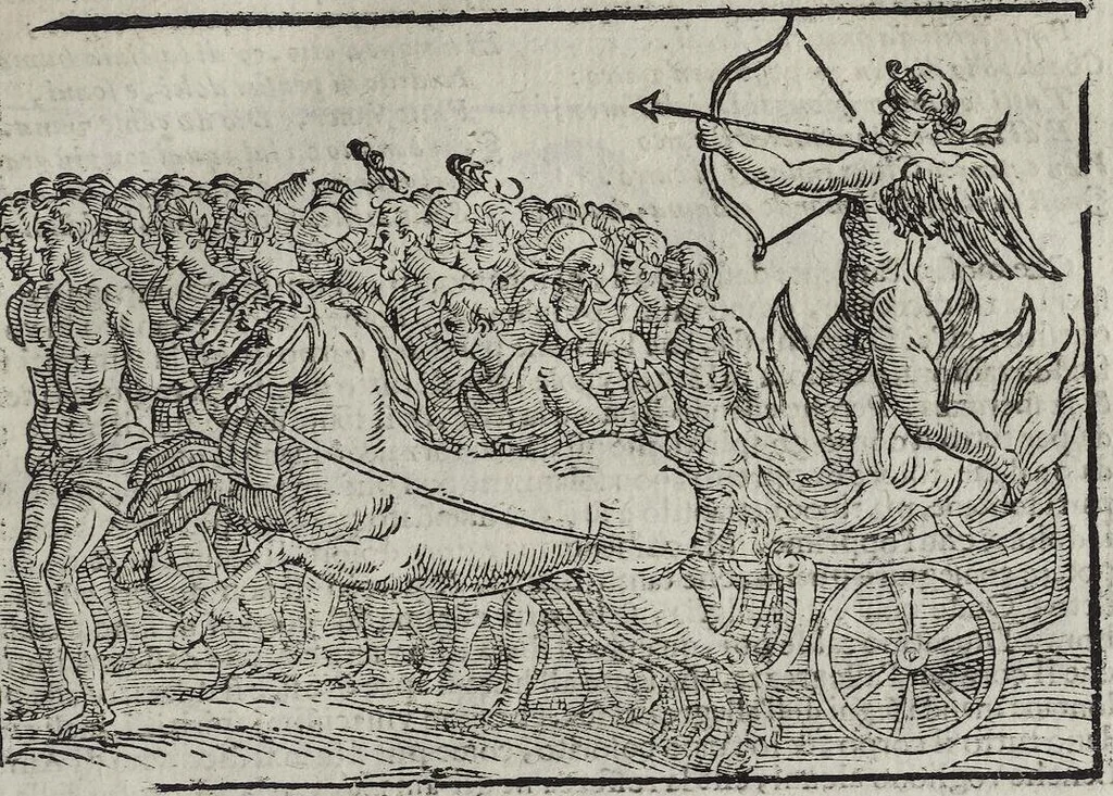 An illustration from Imagini Delli Dei De Gl'Antichi Di Vincenzo Cartari Reggiano: Ridotte da capo à piedi alle loro reali, & non più per l'adietro osseruate simiglianze. Cauate da' Marmi, Bronzi, Medaglie, Gioie, & altre memorie antiche; con esquisito studio, & particolare diligenza Da Lorenzo Pignoria Padoano. Aggionteui le Annotationi del medesimo sopra tutta l'opera ... Con le Allegorie sopra le Imagini di Cesare Malfatti Padoano, migliorate, & accresciute nouamente. Et vn Catalogo di cento più famosi dei della Gentilità. Con l'aggiunta d'vn'altro Catalogo de gl'Autori Antichi, & Moderni ..., 1674, leaf 275