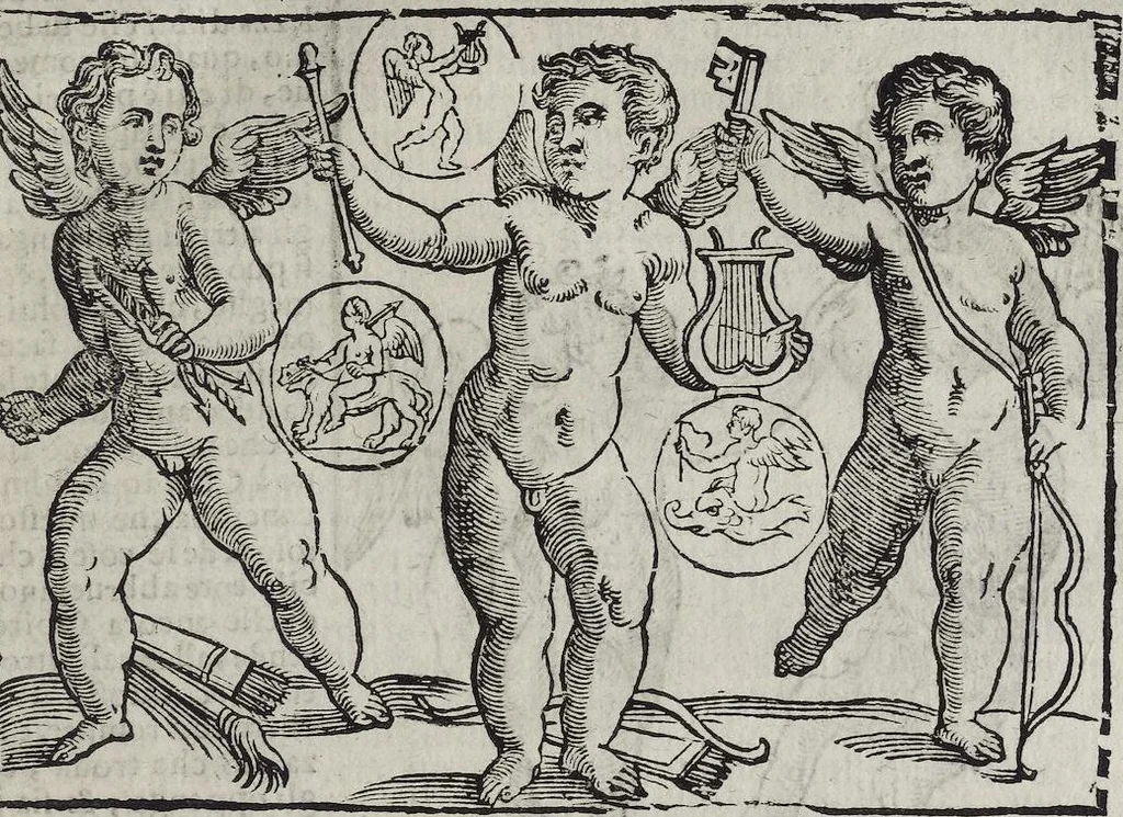 An illustration from Imagini Delli Dei De Gl'Antichi Di Vincenzo Cartari Reggiano: Ridotte da capo à piedi alle loro reali, & non più per l'adietro osseruate simiglianze. Cauate da' Marmi, Bronzi, Medaglie, Gioie, & altre memorie antiche; con esquisito studio, & particolare diligenza Da Lorenzo Pignoria Padoano. Aggionteui le Annotationi del medesimo sopra tutta l'opera ... Con le Allegorie sopra le Imagini di Cesare Malfatti Padoano, migliorate, & accresciute nouamente. Et vn Catalogo di cento più famosi dei della Gentilità. Con l'aggiunta d'vn'altro Catalogo de gl'Autori Antichi, & Moderni ..., 1674, leaf 277