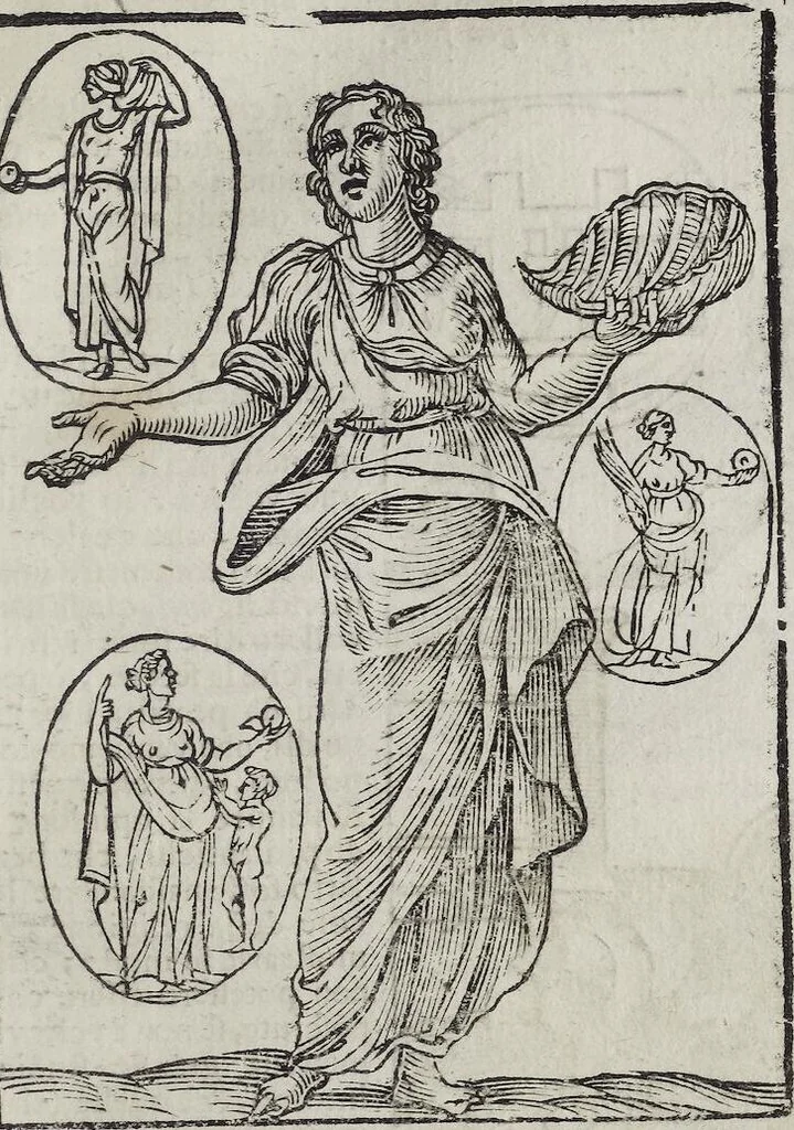 An illustration from Imagini Delli Dei De Gl'Antichi Di Vincenzo Cartari Reggiano: Ridotte da capo à piedi alle loro reali, & non più per l'adietro osseruate simiglianze. Cauate da' Marmi, Bronzi, Medaglie, Gioie, & altre memorie antiche; con esquisito studio, & particolare diligenza Da Lorenzo Pignoria Padoano. Aggionteui le Annotationi del medesimo sopra tutta l'opera ... Con le Allegorie sopra le Imagini di Cesare Malfatti Padoano, migliorate, & accresciute nouamente. Et vn Catalogo di cento più famosi dei della Gentilità. Con l'aggiunta d'vn'altro Catalogo de gl'Autori Antichi, & Moderni ..., 1674, leaf 283