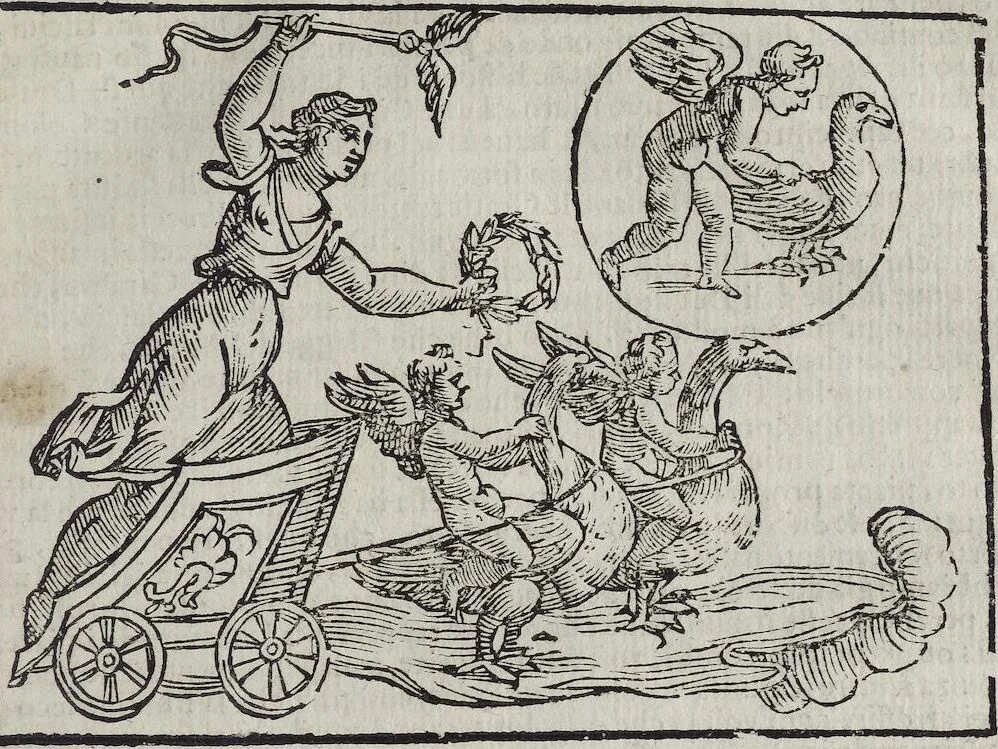 An illustration from Imagini Delli Dei De Gl'Antichi Di Vincenzo Cartari Reggiano: Ridotte da capo à piedi alle loro reali, & non più per l'adietro osseruate simiglianze. Cauate da' Marmi, Bronzi, Medaglie, Gioie, & altre memorie antiche; con esquisito studio, & particolare diligenza Da Lorenzo Pignoria Padoano. Aggionteui le Annotationi del medesimo sopra tutta l'opera ... Con le Allegorie sopra le Imagini di Cesare Malfatti Padoano, migliorate, & accresciute nouamente. Et vn Catalogo di cento più famosi dei della Gentilità. Con l'aggiunta d'vn'altro Catalogo de gl'Autori Antichi, & Moderni ..., 1674, leaf 285
