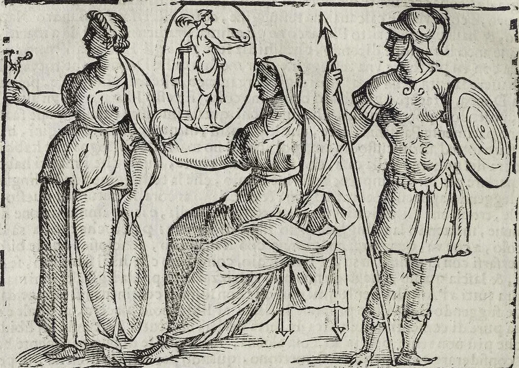 An illustration from Imagini Delli Dei De Gl'Antichi Di Vincenzo Cartari Reggiano: Ridotte da capo à piedi alle loro reali, & non più per l'adietro osseruate simiglianze. Cauate da' Marmi, Bronzi, Medaglie, Gioie, & altre memorie antiche; con esquisito studio, & particolare diligenza Da Lorenzo Pignoria Padoano. Aggionteui le Annotationi del medesimo sopra tutta l'opera ... Con le Allegorie sopra le Imagini di Cesare Malfatti Padoano, migliorate, & accresciute nouamente. Et vn Catalogo di cento più famosi dei della Gentilità. Con l'aggiunta d'vn'altro Catalogo de gl'Autori Antichi, & Moderni ..., 1674, leaf 290