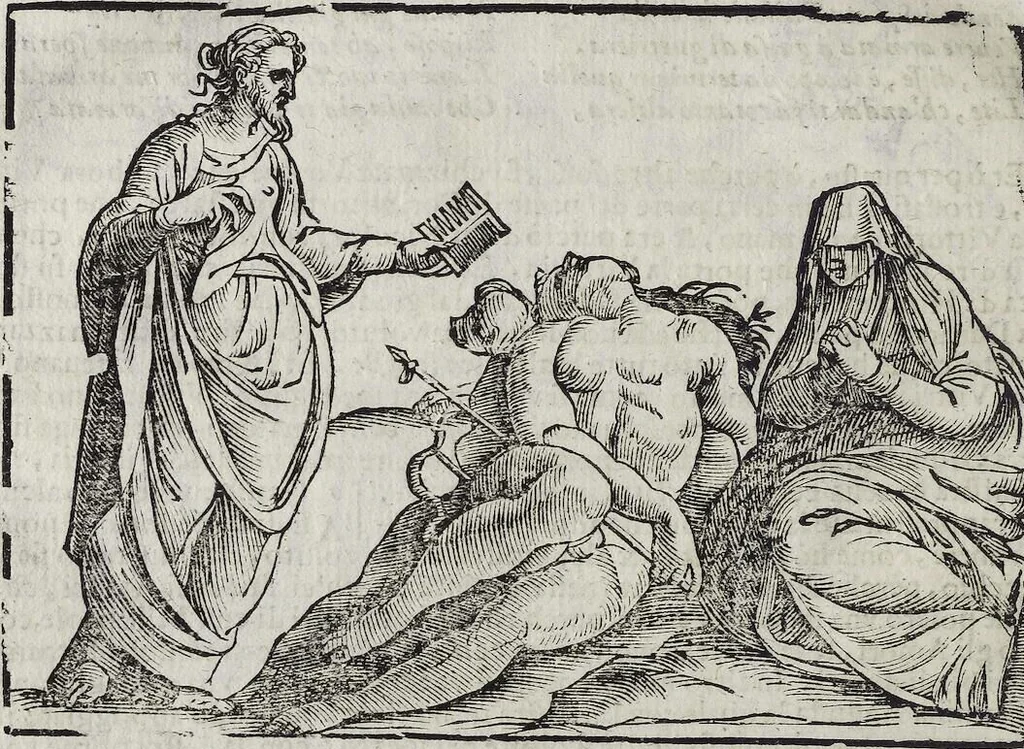 An illustration from Imagini Delli Dei De Gl'Antichi Di Vincenzo Cartari Reggiano: Ridotte da capo à piedi alle loro reali, & non più per l'adietro osseruate simiglianze. Cauate da' Marmi, Bronzi, Medaglie, Gioie, & altre memorie antiche; con esquisito studio, & particolare diligenza Da Lorenzo Pignoria Padoano. Aggionteui le Annotationi del medesimo sopra tutta l'opera ... Con le Allegorie sopra le Imagini di Cesare Malfatti Padoano, migliorate, & accresciute nouamente. Et vn Catalogo di cento più famosi dei della Gentilità. Con l'aggiunta d'vn'altro Catalogo de gl'Autori Antichi, & Moderni ..., 1674, leaf 292