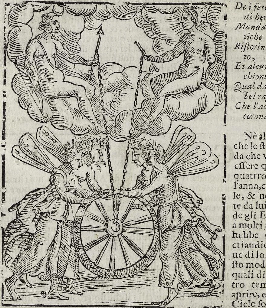 An illustration from Imagini Delli Dei De Gl'Antichi Di Vincenzo Cartari Reggiano: Ridotte da capo à piedi alle loro reali, & non più per l'adietro osseruate simiglianze. Cauate da' Marmi, Bronzi, Medaglie, Gioie, & altre memorie antiche; con esquisito studio, & particolare diligenza Da Lorenzo Pignoria Padoano. Aggionteui le Annotationi del medesimo sopra tutta l'opera ... Con le Allegorie sopra le Imagini di Cesare Malfatti Padoano, migliorate, & accresciute nouamente. Et vn Catalogo di cento più famosi dei della Gentilità. Con l'aggiunta d'vn'altro Catalogo de gl'Autori Antichi, & Moderni ..., 1674, leaf 296