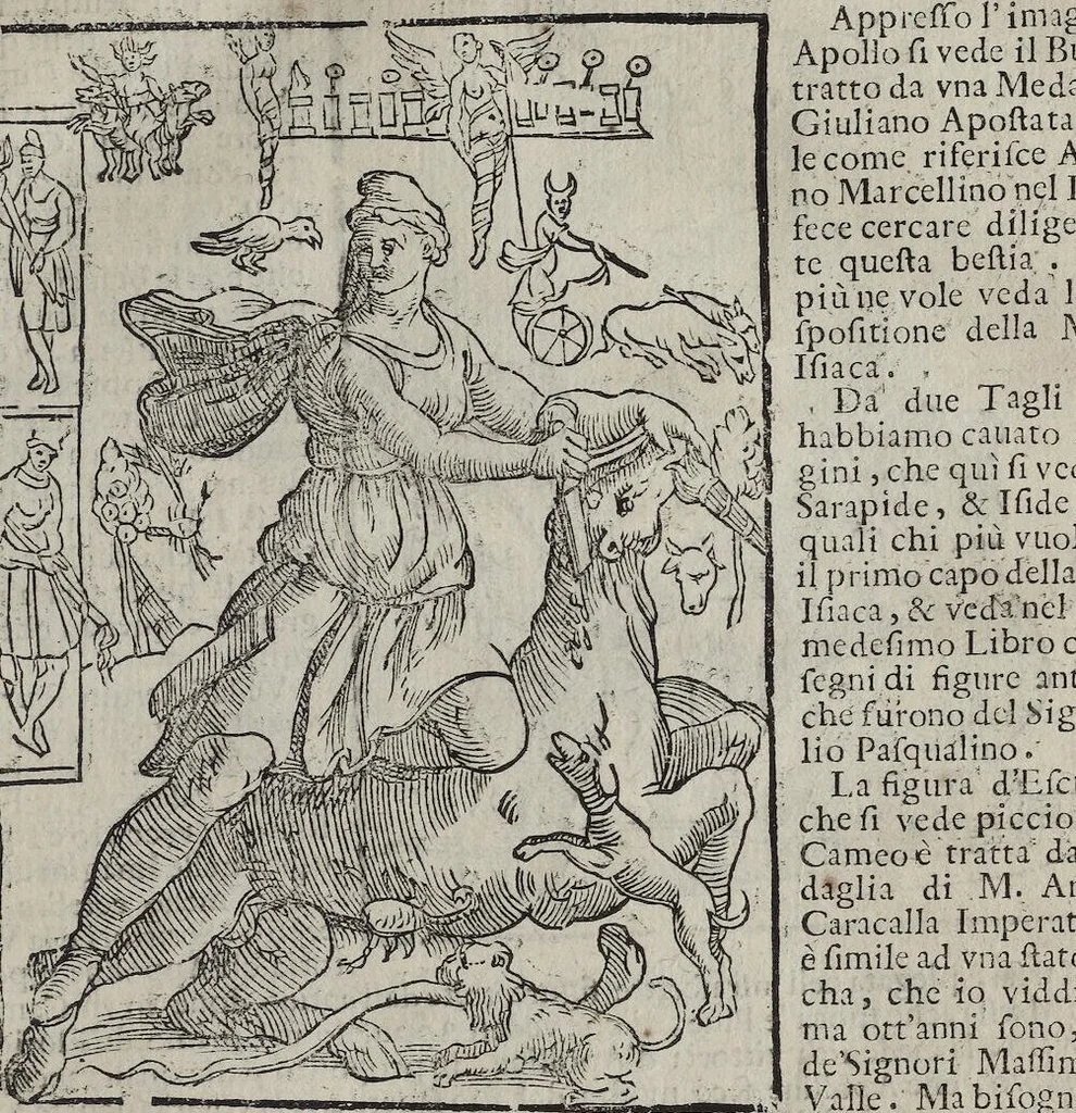 An illustration from Imagini Delli Dei De Gl'Antichi Di Vincenzo Cartari Reggiano: Ridotte da capo à piedi alle loro reali, & non più per l'adietro osseruate simiglianze. Cauate da' Marmi, Bronzi, Medaglie, Gioie, & altre memorie antiche; con esquisito studio, & particolare diligenza Da Lorenzo Pignoria Padoano. Aggionteui le Annotationi del medesimo sopra tutta l'opera ... Con le Allegorie sopra le Imagini di Cesare Malfatti Padoano, migliorate, & accresciute nouamente. Et vn Catalogo di cento più famosi dei della Gentilità. Con l'aggiunta d'vn'altro Catalogo de gl'Autori Antichi, & Moderni ..., 1674, leaf 303