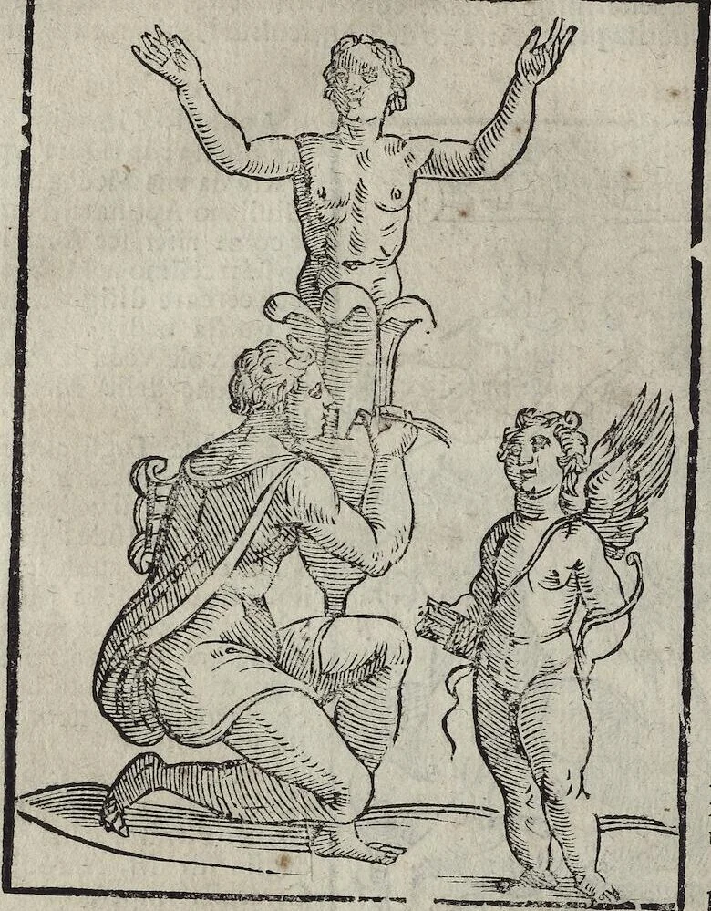 An illustration from Imagini Delli Dei De Gl'Antichi Di Vincenzo Cartari Reggiano: Ridotte da capo à piedi alle loro reali, & non più per l'adietro osseruate simiglianze. Cauate da' Marmi, Bronzi, Medaglie, Gioie, & altre memorie antiche; con esquisito studio, & particolare diligenza Da Lorenzo Pignoria Padoano. Aggionteui le Annotationi del medesimo sopra tutta l'opera ... Con le Allegorie sopra le Imagini di Cesare Malfatti Padoano, migliorate, & accresciute nouamente. Et vn Catalogo di cento più famosi dei della Gentilità. Con l'aggiunta d'vn'altro Catalogo de gl'Autori Antichi, & Moderni ..., 1674, leaf 304