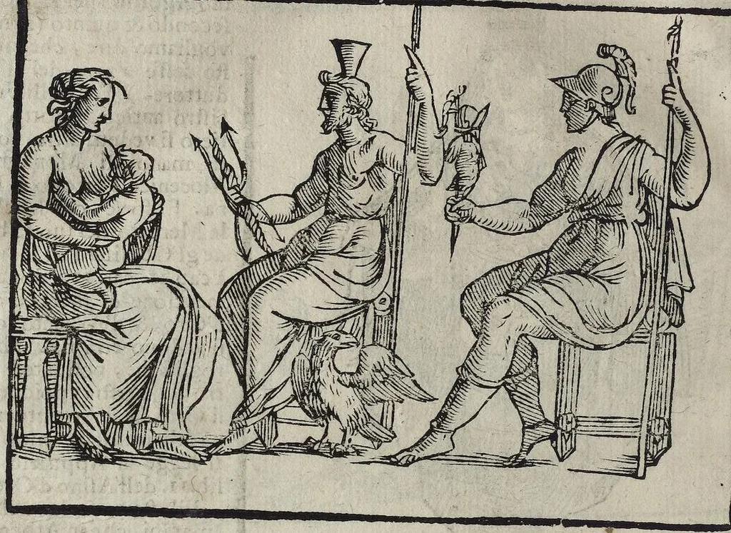 An illustration from Imagini Delli Dei De Gl'Antichi Di Vincenzo Cartari Reggiano: Ridotte da capo à piedi alle loro reali, & non più per l'adietro osseruate simiglianze. Cauate da' Marmi, Bronzi, Medaglie, Gioie, & altre memorie antiche; con esquisito studio, & particolare diligenza Da Lorenzo Pignoria Padoano. Aggionteui le Annotationi del medesimo sopra tutta l'opera ... Con le Allegorie sopra le Imagini di Cesare Malfatti Padoano, migliorate, & accresciute nouamente. Et vn Catalogo di cento più famosi dei della Gentilità. Con l'aggiunta d'vn'altro Catalogo de gl'Autori Antichi, & Moderni ..., 1674, leaf 308