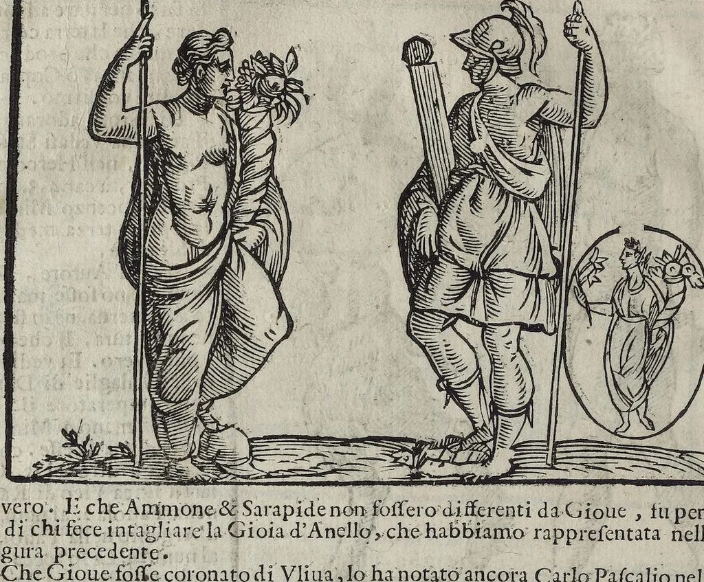 An illustration from Imagini Delli Dei De Gl'Antichi Di Vincenzo Cartari Reggiano: Ridotte da capo à piedi alle loro reali, & non più per l'adietro osseruate simiglianze. Cauate da' Marmi, Bronzi, Medaglie, Gioie, & altre memorie antiche; con esquisito studio, & particolare diligenza Da Lorenzo Pignoria Padoano. Aggionteui le Annotationi del medesimo sopra tutta l'opera ... Con le Allegorie sopra le Imagini di Cesare Malfatti Padoano, migliorate, & accresciute nouamente. Et vn Catalogo di cento più famosi dei della Gentilità. Con l'aggiunta d'vn'altro Catalogo de gl'Autori Antichi, & Moderni ..., 1674, leaf 310