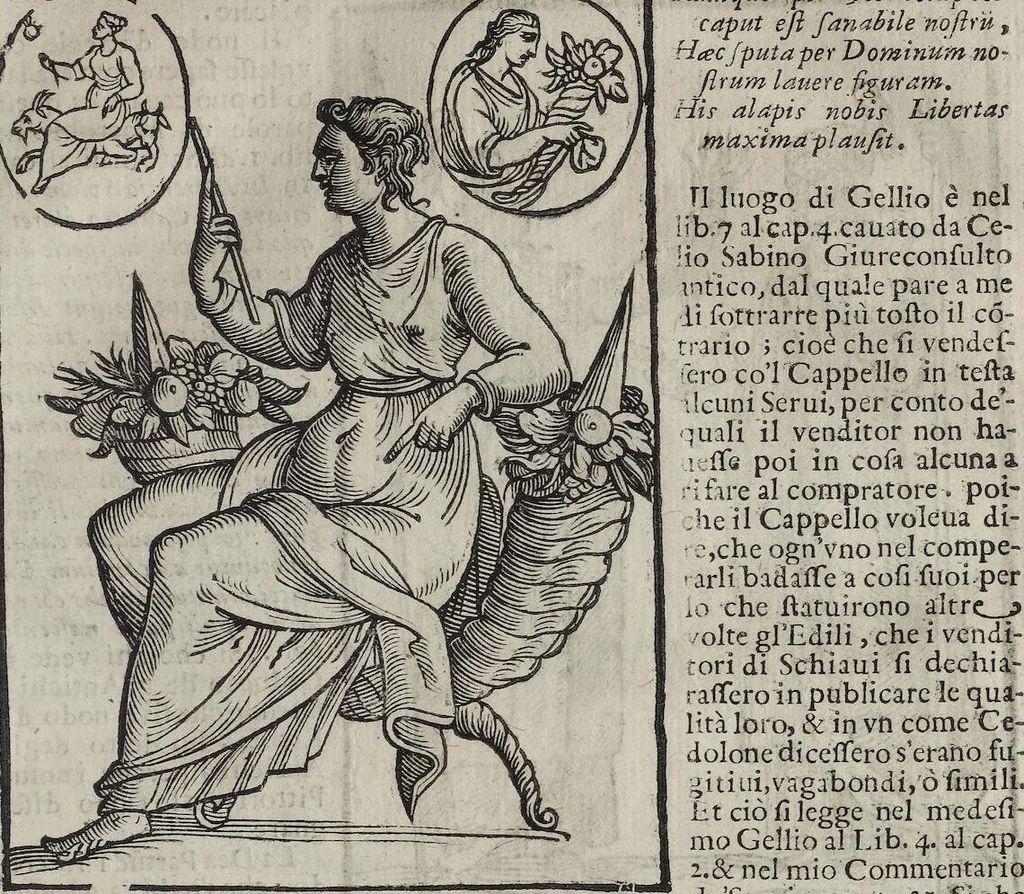 An illustration from Imagini Delli Dei De Gl'Antichi Di Vincenzo Cartari Reggiano: Ridotte da capo à piedi alle loro reali, & non più per l'adietro osseruate simiglianze. Cauate da' Marmi, Bronzi, Medaglie, Gioie, & altre memorie antiche; con esquisito studio, & particolare diligenza Da Lorenzo Pignoria Padoano. Aggionteui le Annotationi del medesimo sopra tutta l'opera ... Con le Allegorie sopra le Imagini di Cesare Malfatti Padoano, migliorate, & accresciute nouamente. Et vn Catalogo di cento più famosi dei della Gentilità. Con l'aggiunta d'vn'altro Catalogo de gl'Autori Antichi, & Moderni ..., 1674, leaf 311